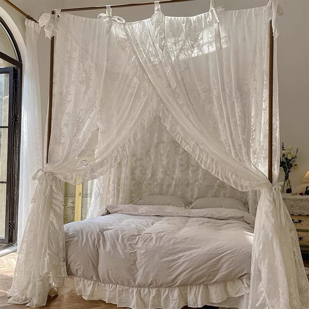 Eleganter Spitzen-Prinzessin-4-Eckpfosten, romantisch für Mädchen und Frauen, Bettvorhang, Baldachin für Erwachsene, Hochzeit, Schlafzimmer, Kinderzimmer, Dekoration (Typ 3, Beige-Weiß, Voll