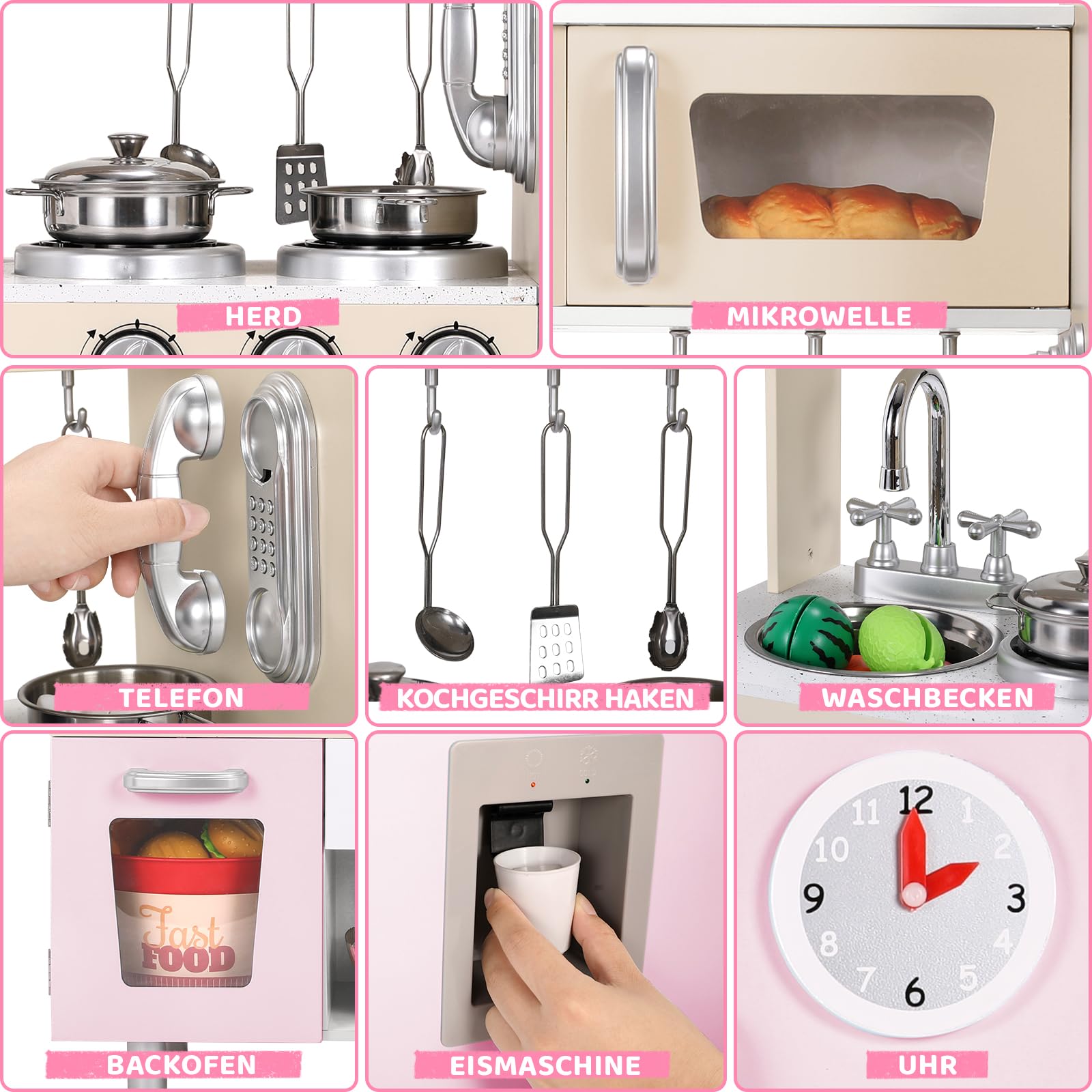 Cucina Legno per Bambini, Cucina Giocattolo per Bambini, Cucina per Bambini in Legno 81x74x30 cm, con Effetti Simulati di Luce e Suono, Dotata di Accessori da Cucina, Rosa