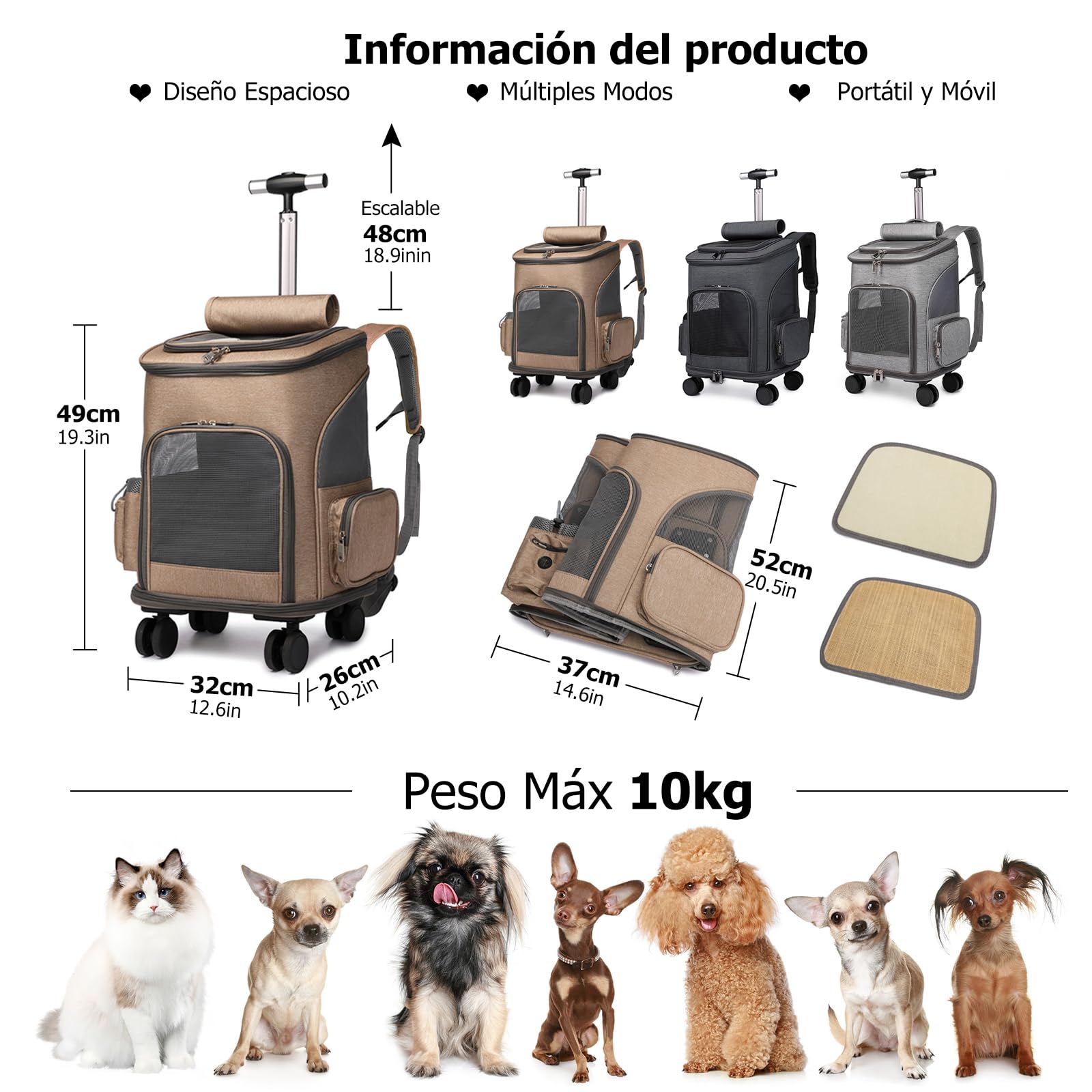 PETCUTE Transportín para Perros con Ruedas, Plegable,3 en 1 Mochila para Gatos con Mango Telescópico, Mochila para Mascotas con Malla Transpirable y Alfombrilla Extraíble,Carga Máxima 10kg,Caqui