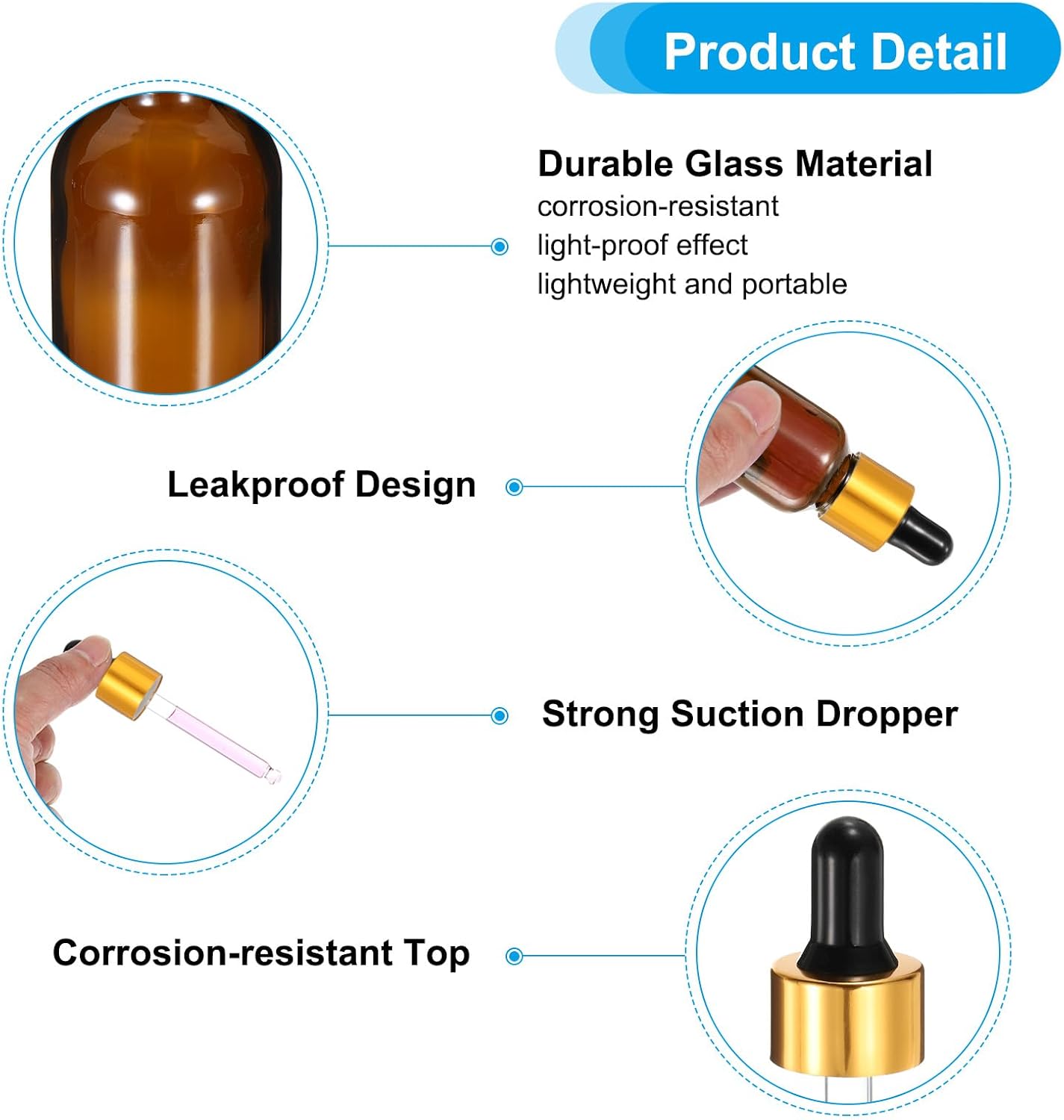 PATIKIL 15ml Glass Dropper Bottle, 3Pcs Leakproof Golden Cap Essential Oils Sample Liquid Perfume Container with Eye Dropper for Storage Home Travel, Amber