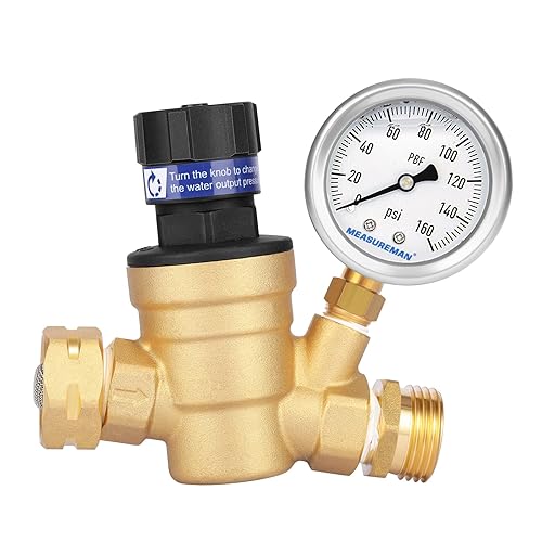 MEASUREMAN Regulador de presión sin plomo para RV, reductor de presión con manómetro de llenado líquido y filtro de entrada para autocaravana, RV y