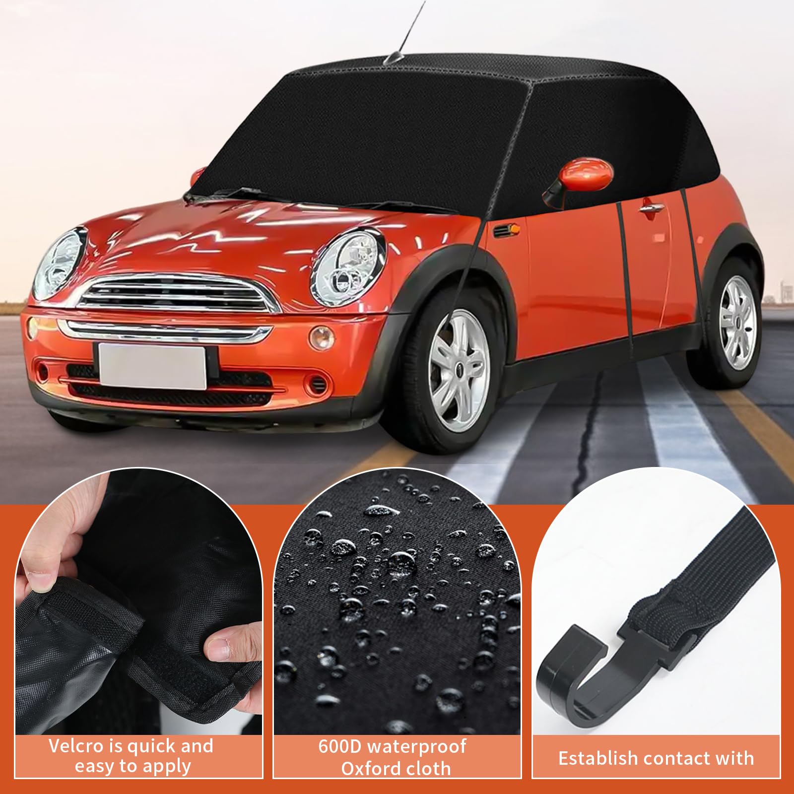 Halbgarage für Mini Cabrio R52 R57 F57 2005-2022, 600D Halbgarage Autoabdeckung Wasserdicht Ersatz, mit Riemen & Antennenloch, Softtop Dachschutz UV Regen Sonne Staub Schutz (Schwarz)