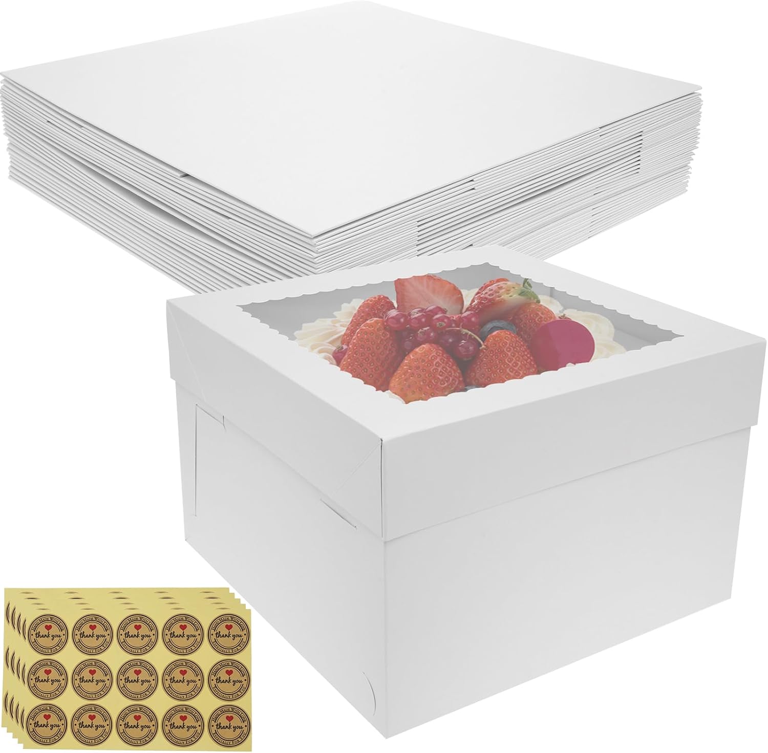 US 12 PCS Tall Bakery Boxes with Clear Window Easy to Fold Cake Boxes Cake Containers Versatile Cardboard Bakery Take Out Carrier Large Dessert Cake Boxes for Party(12,White)