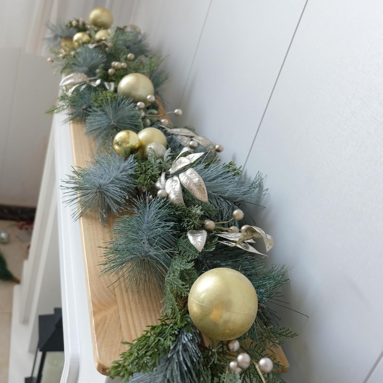 6 Ft Gold Christmas Garland for Mantle, Stairs, Fireplace - Real Touch Norfolk Pine with White Gold Balls, Holiday Decor for Indoor and Outdoor, Guirnaldas Navideñas - Image 7
