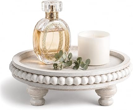EOSAHR Pine Round Wood Riser for Room Decor Retro Beaded Pedestal Tray for Plant Stand, Perfume Organizer & Cupcake Stand Boho Home & Bathroom AccentsWhitewash