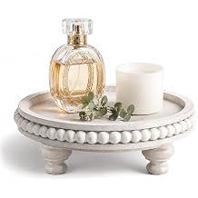 EOSAHR Pine Round Wood Riser for Room Decor Retro Beaded Pedestal Tray for Plant Stand, Perfume Organizer & Cupcake Stand Boho Home & Bathroom AccentsWhitewash