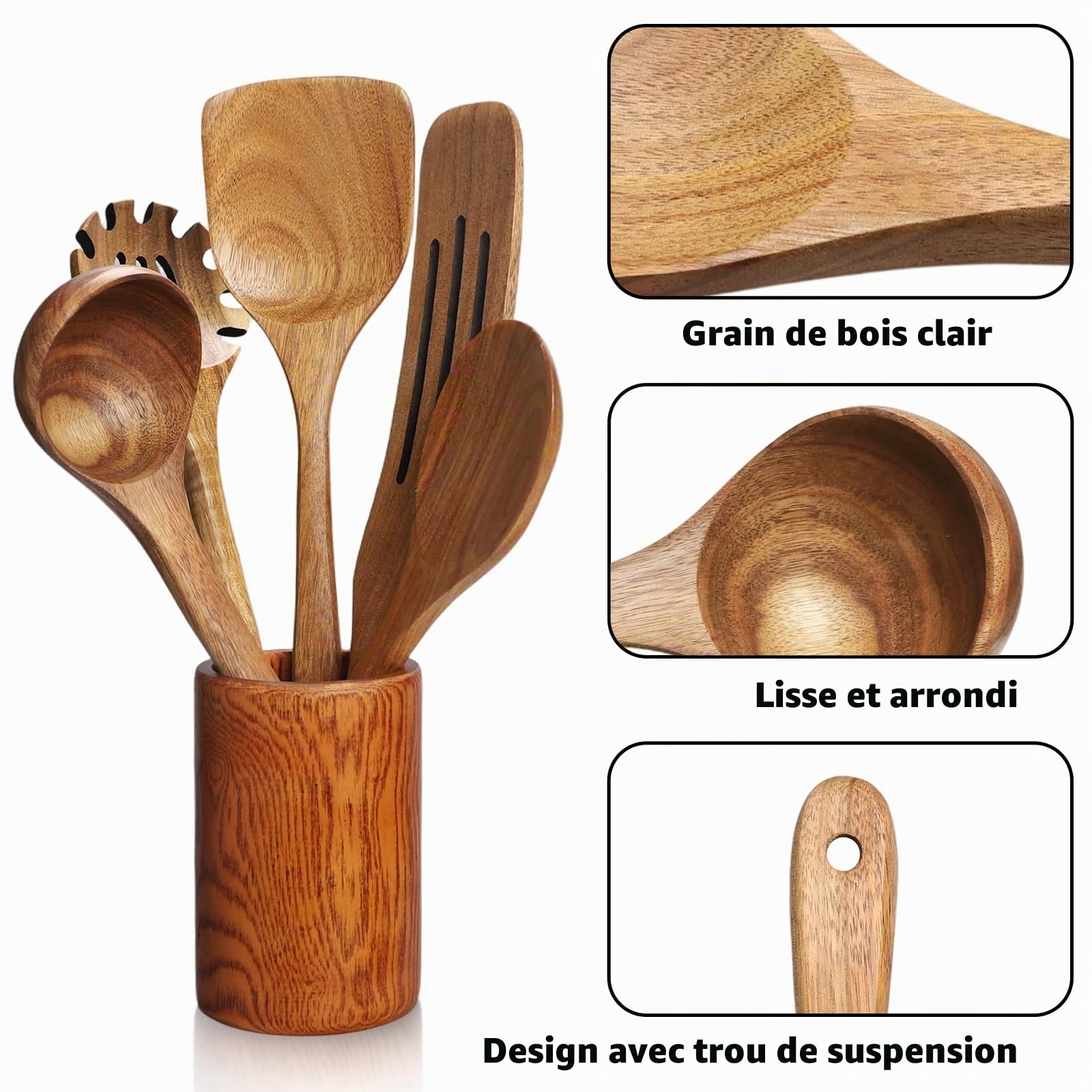 13 Pièces Ustensiles de Cuisine en Bois Ustensiles en Bois de Teck Cuillères et Spatule pour la Cuisine avec support,repose-cuillère et crochets