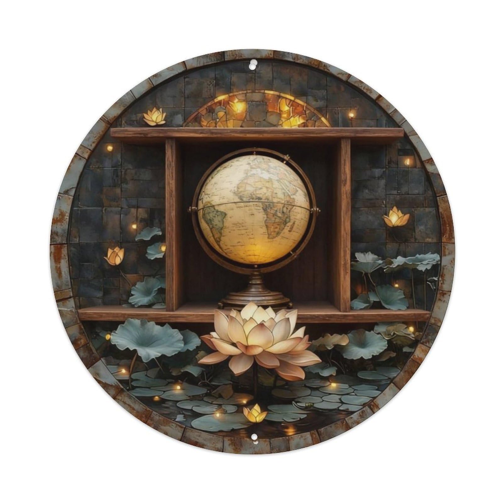 Antique Globe Wooden Bookshelf Metal Tin Sign Plaque