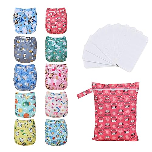 Pañales de tela para bebé, lavables, reutilizables, talla única, ajustable, paquete de 10 con 10 insertos de microfibra, 1 bolsa húmeda