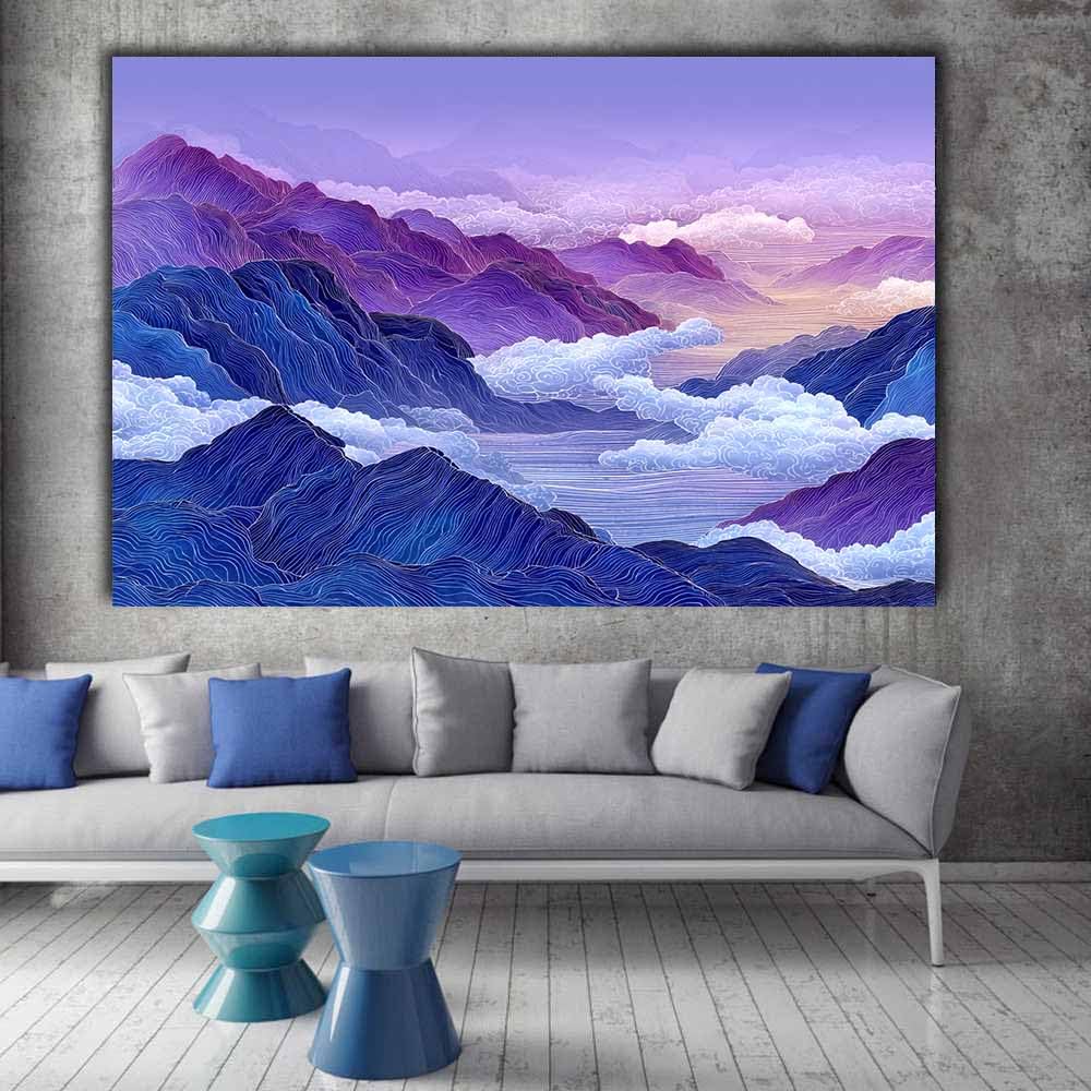 DMZPKZB Stampe paesaggistichestampe Purple Blue Motain Range stampe di paesaggi in stile, quadri su tela, dipinti, arte murale, per la decorazione della divano (różowy) - 80 x 120 cm
