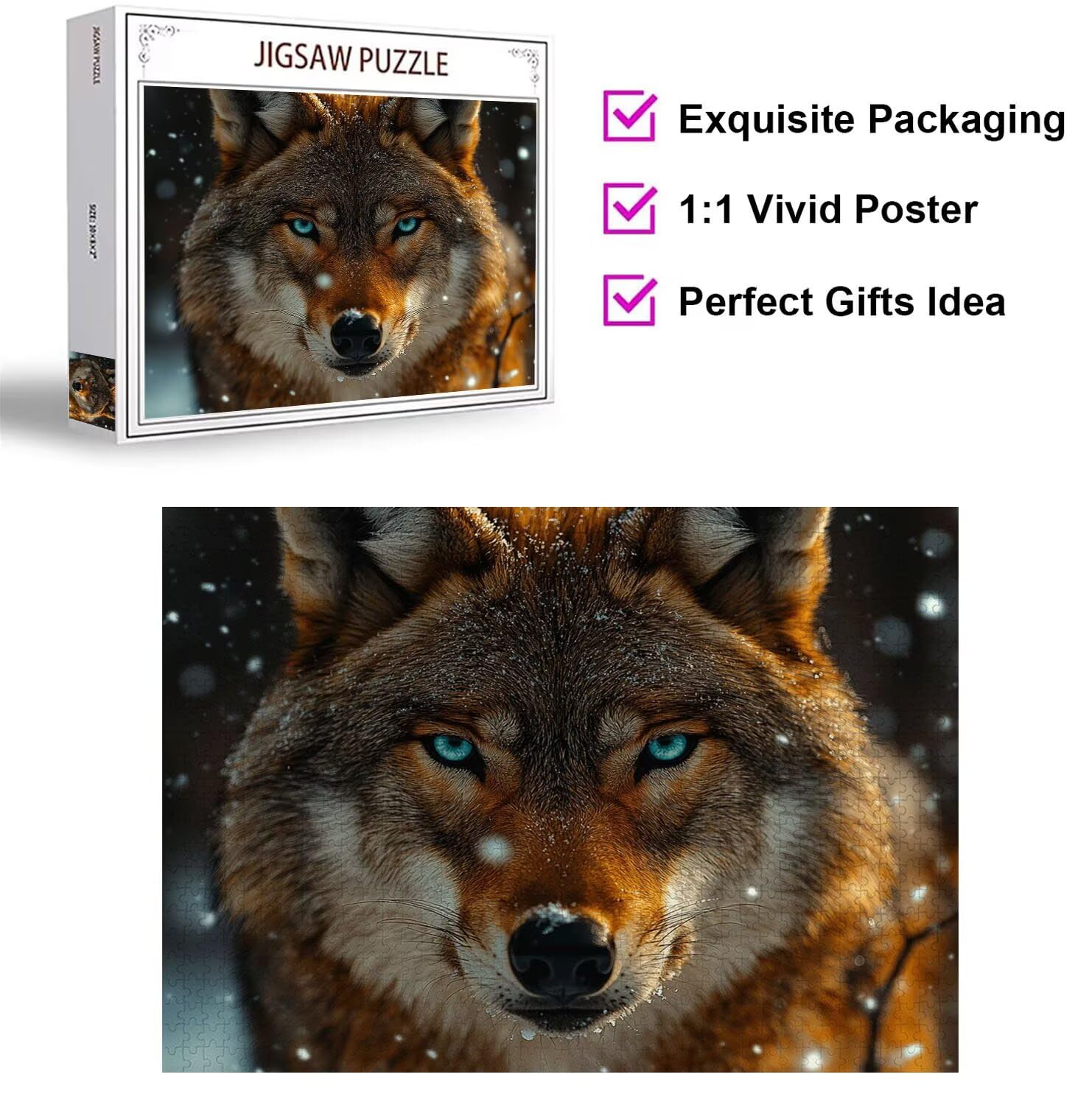 Puzzle 1500 sztuk Wilk Trudne drewniane puzzle, n-397 | Niemożliwe wyzwanie, inteligentna gra zręcznościowa, gry logiczne dla całej rodziny, pomysł na prezent, śnieg