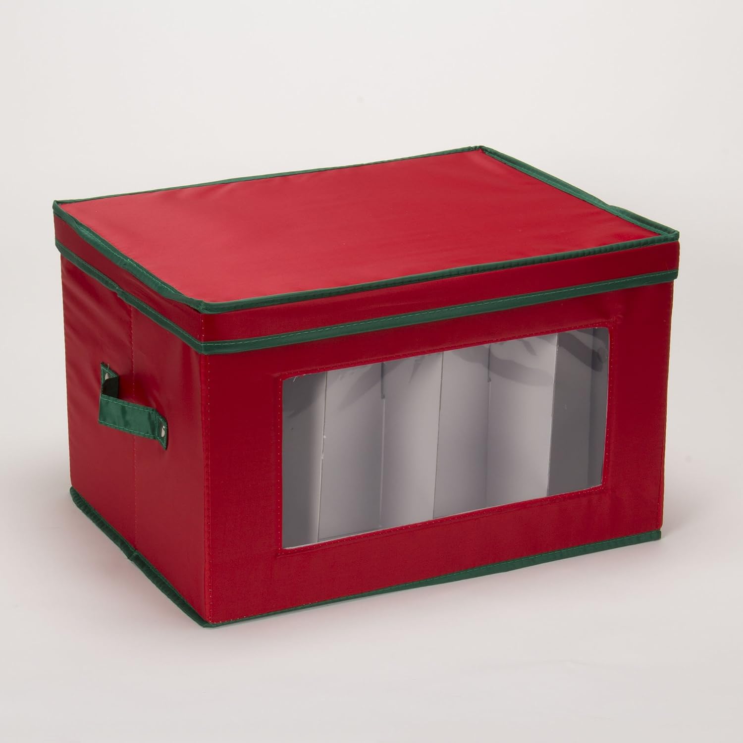 Household Essentials Holiday Stemware Storage Box, Windowed Storage with Lid, 12 Storage Compartments, Double Handles, Perfect for Storing Special Occasion Glassware, Red with Green Trim