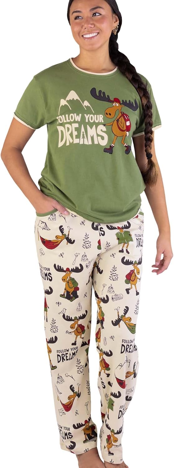 Lazy One Novelty Pajamas Two Piece Set For Women – Funny Cotton Sleepwear with Short Sleeve Top & Lounge Pants with Pockets
