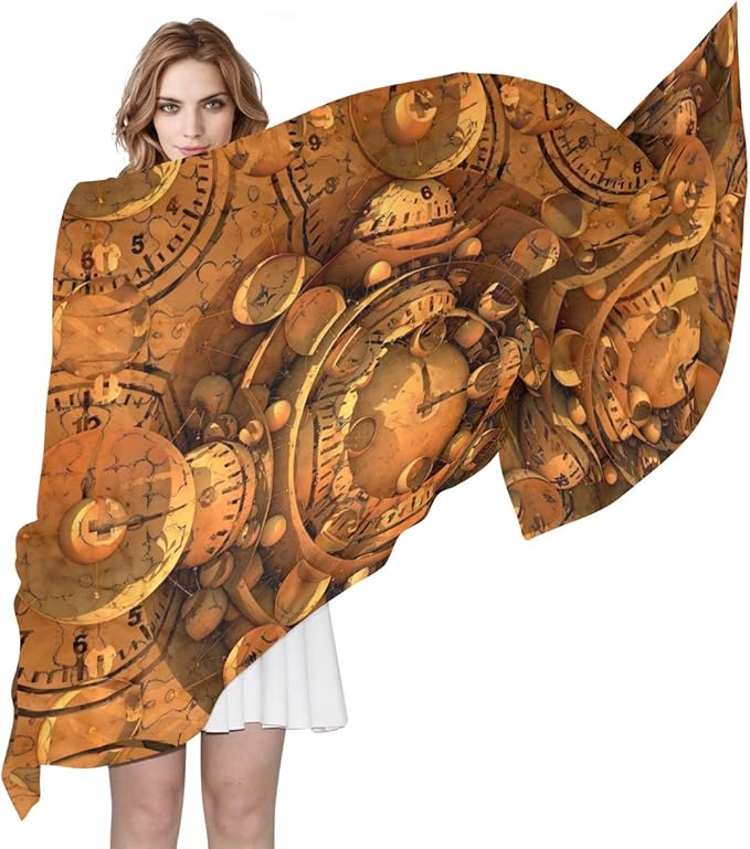 Womens Time Clock Fractal Ancient Scarf Sheer Silky Feeling Long