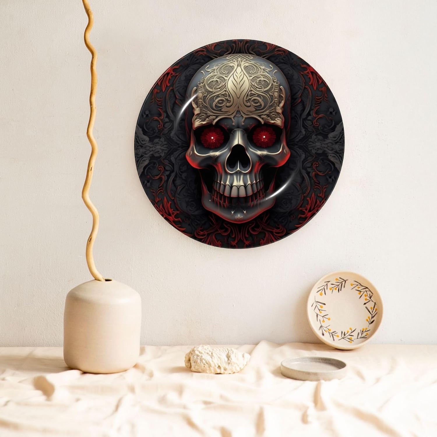Bone China Decorative Plate with Display Skeleton with Red Eyes Ceramic Plates Crafts Art Decor Dessert Plate Ceramic Ornament Porcelain Plates for Living Room Kitchen Table Home Decor