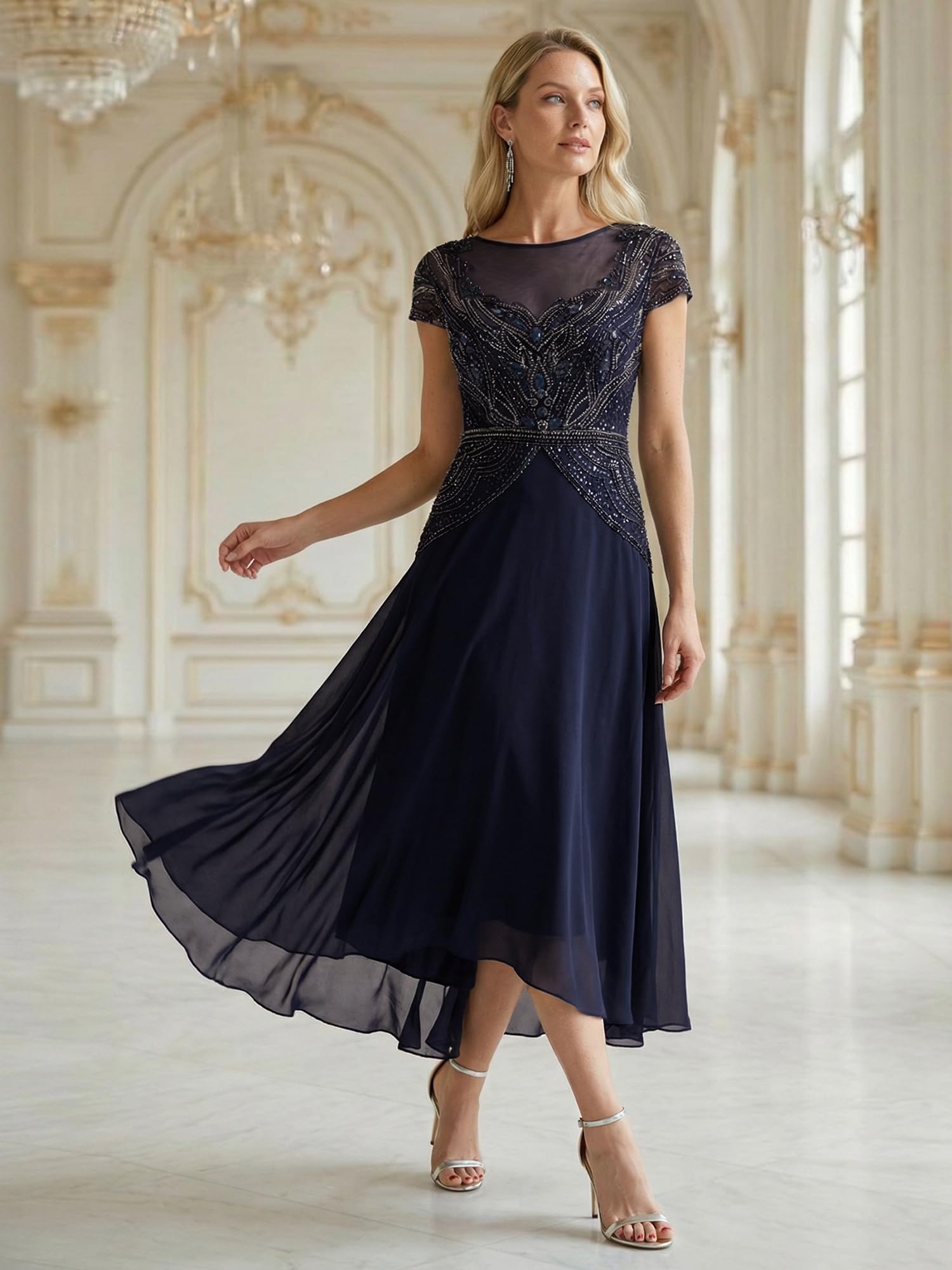 Ever-Pretty Vestito Donna Elegante Collo a Barchetta Maniche Corte Paillente High Low Gonna Svasata EG02682