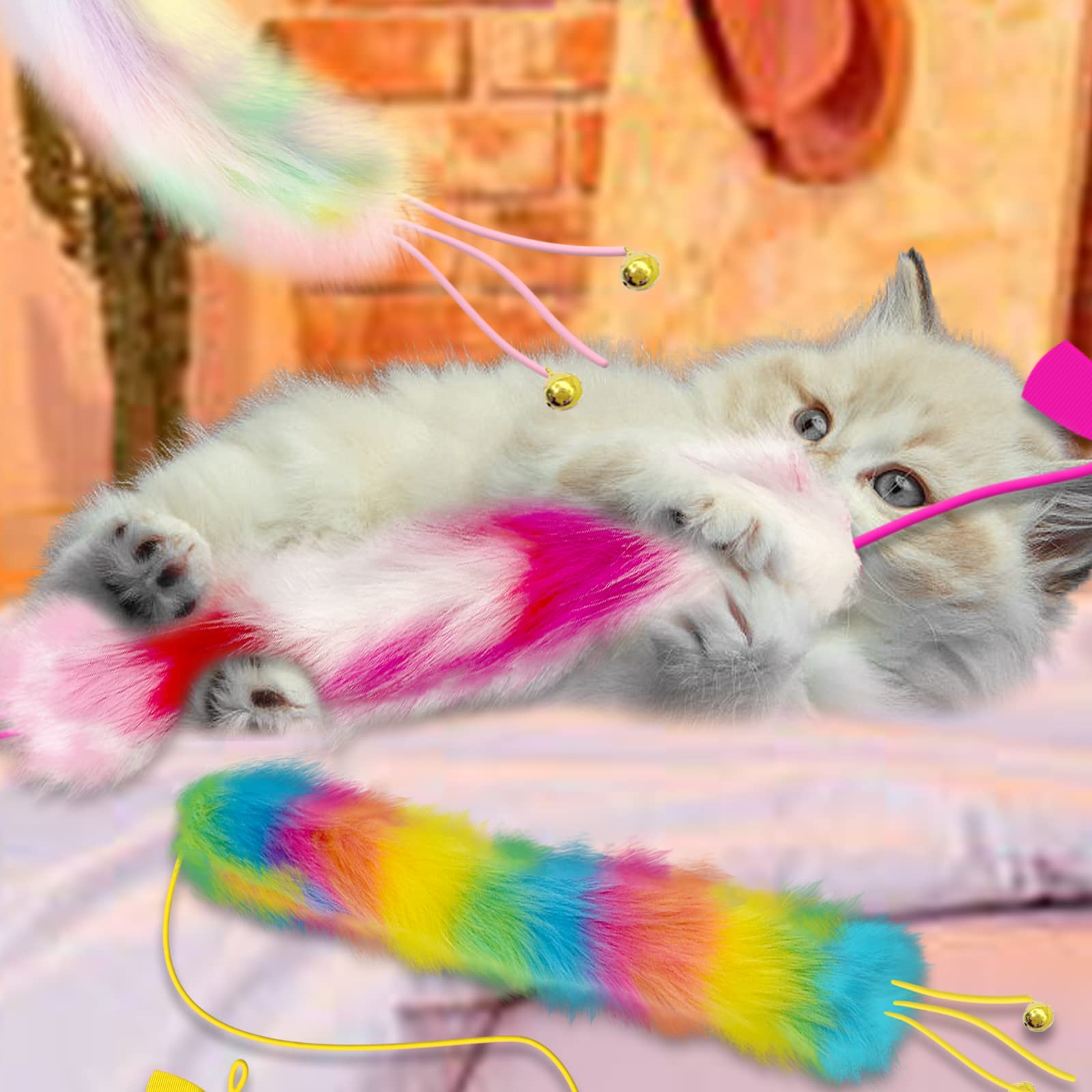Paquete de 3 juguetes de varita de gato, juguetes de plumas de gato arcoíris con campanas, varita de gato con cola peluda suave, juguetes interactivos para gatos y gatitos de interior