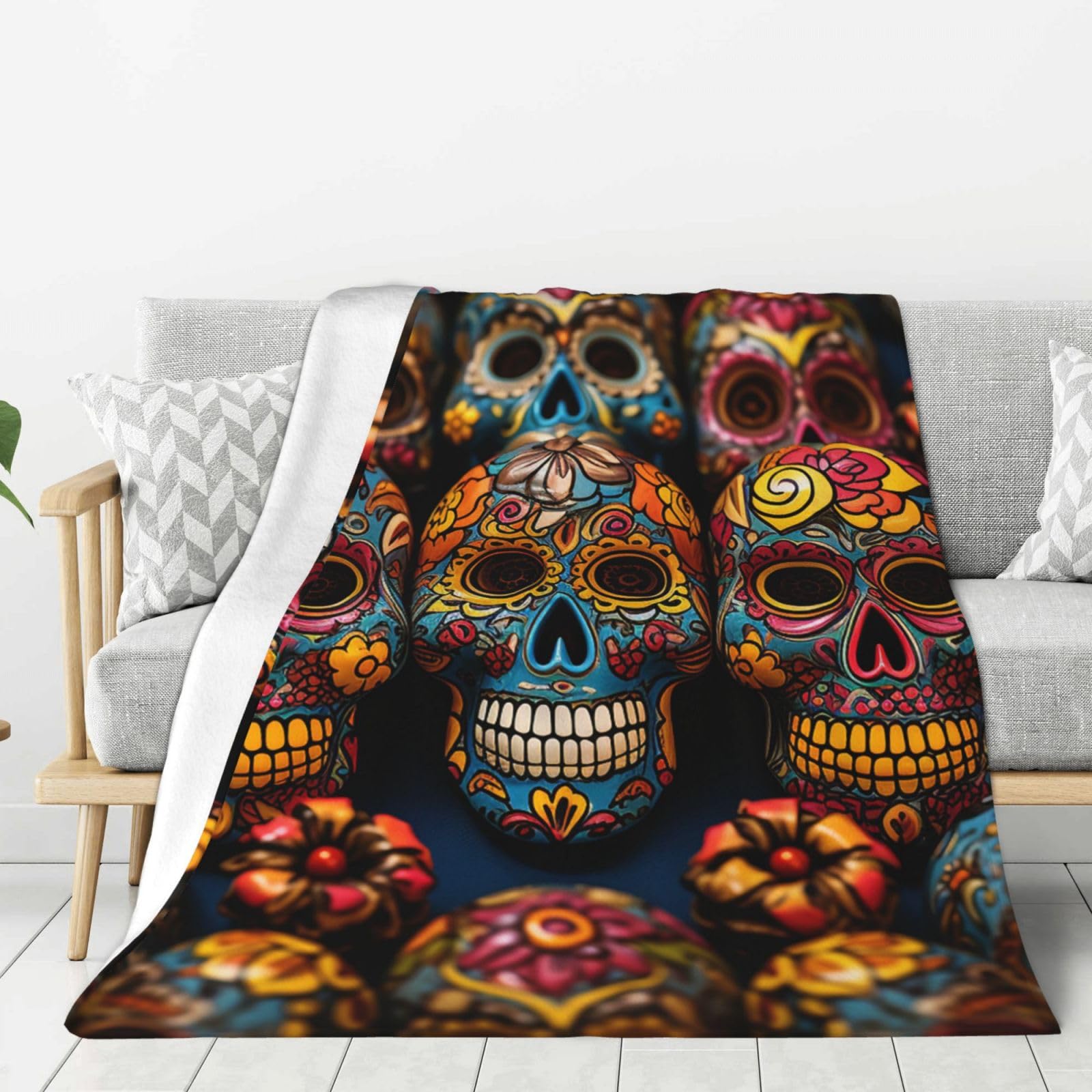 Colorful Sugar Skulls Throw Blanket Plush Flannel Fleece Blanket, Soft Lightweight Cozy Blankets 80"X60" for Bed Couch Sofa Travel