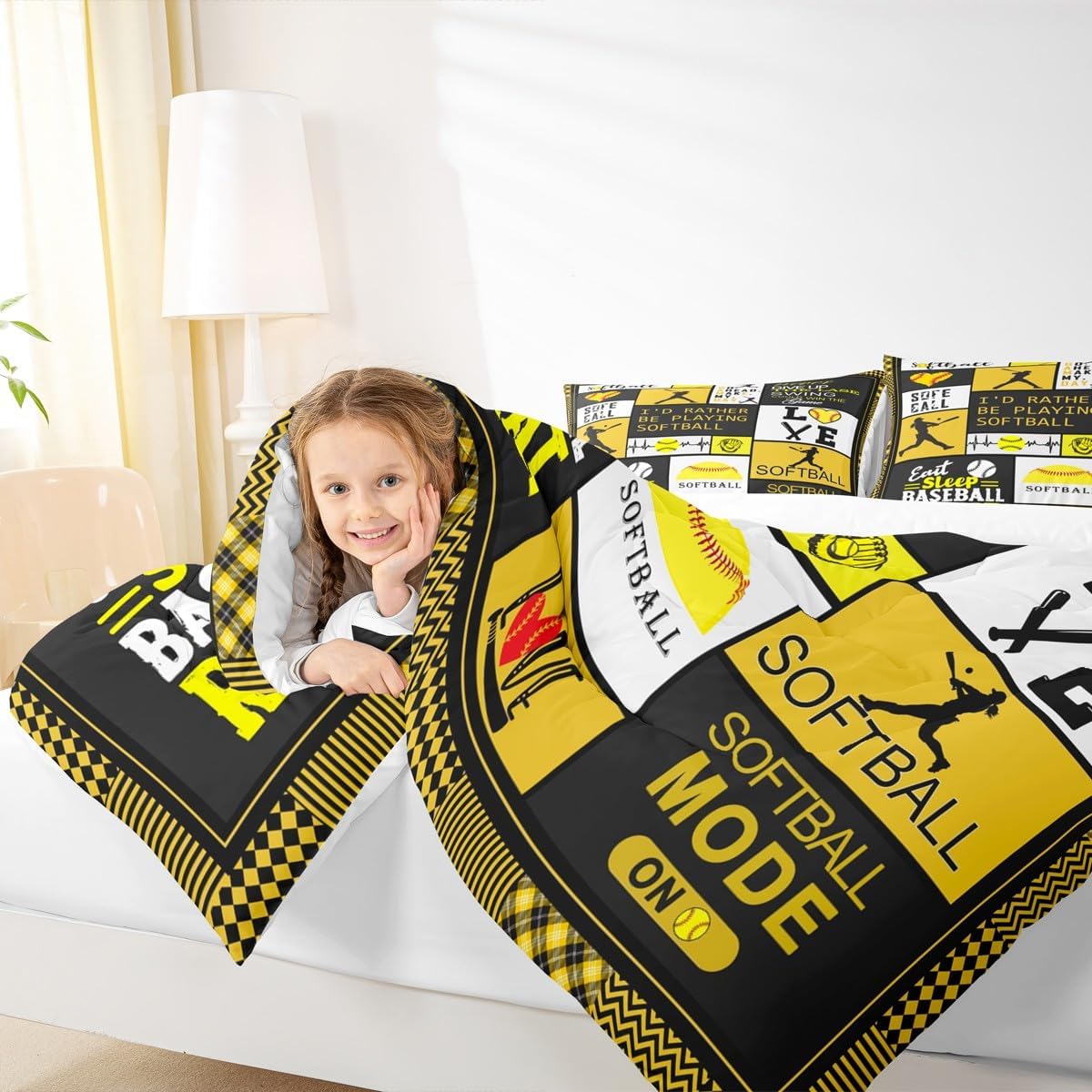 Homewish Softball Kids Comforter Set Twin Size,Ball Sports Games Competition Bedding Set,Girls Boys Adult Bedroom Decor,Geometric Plaids Fashion Down Comforter,Yellow Bright Duvet Insert,1 Pillowcase