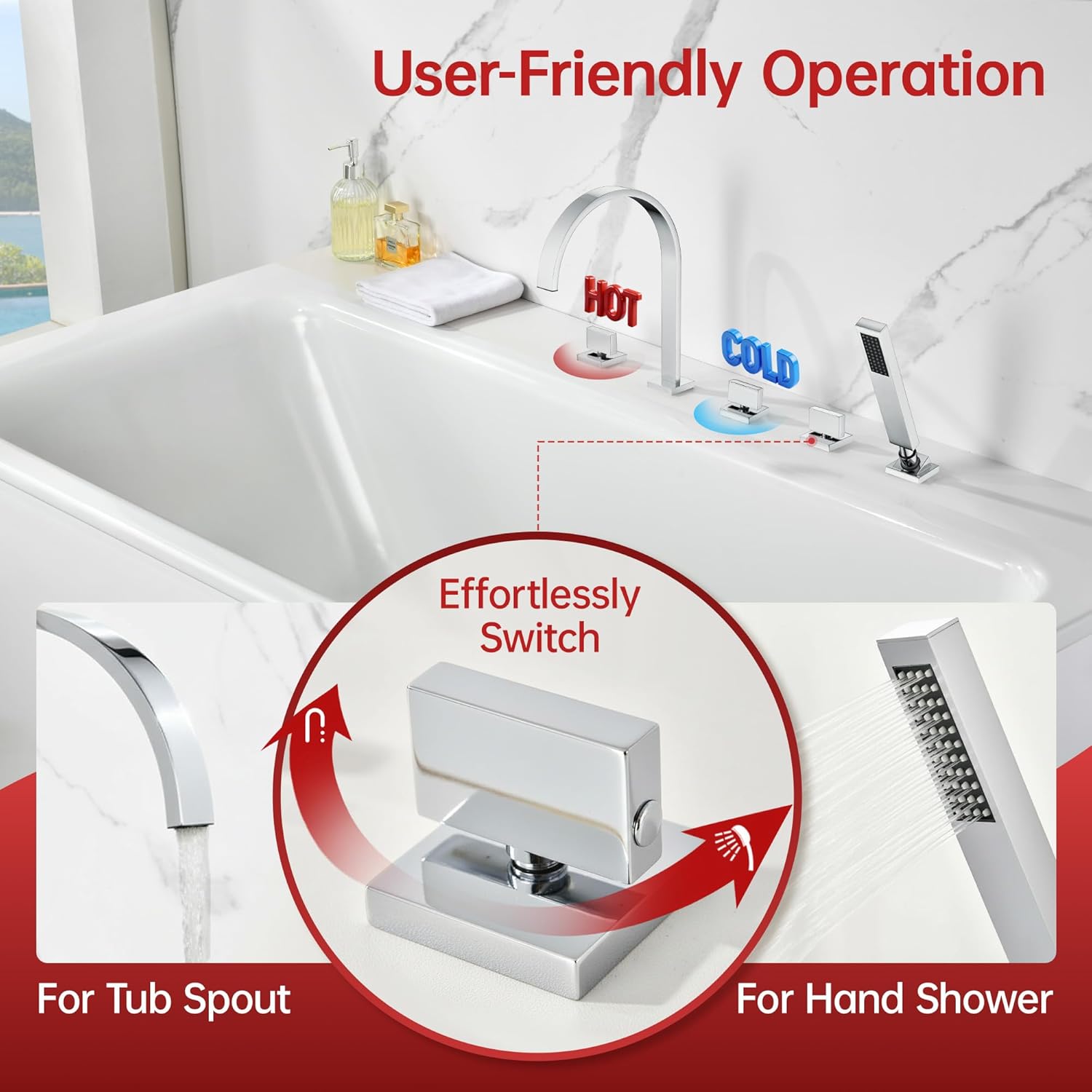 SUMERAIN 5 Hole Roman Tub Faucet with Hand Shower, High Flow Deck Mount Waterfall Bathtub Faucet with Valve, Chrome Finish
