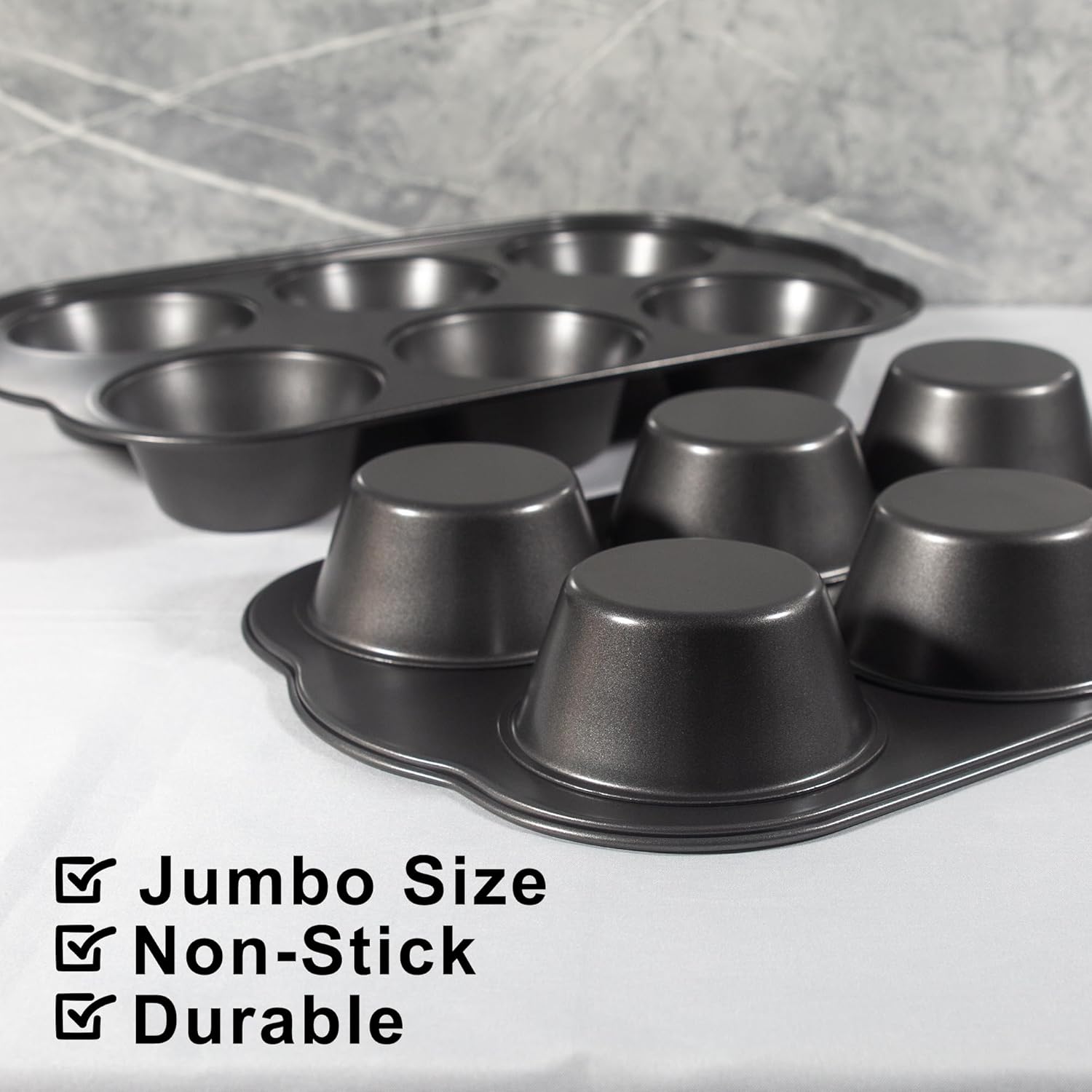 Non-Stick Jumbo Muffin Pans, 3.5" 6-Cup Set of 2 Baking Pans, Heavy Duty Carbon Steel Tins for Extra-large Muffins & Cupcakes - Image 5