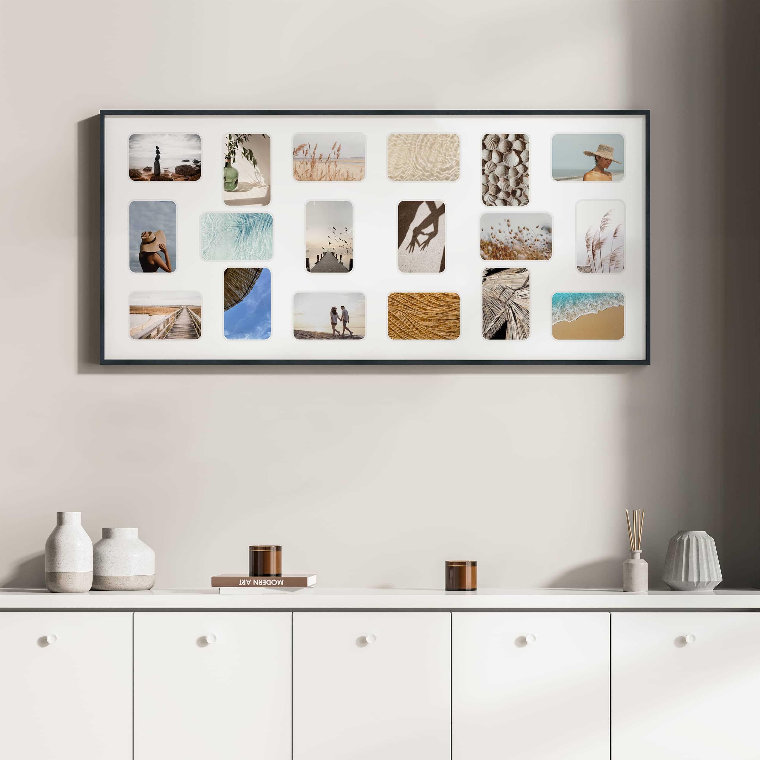 DEHA Design Collagerahmen mit Passepartout, 109,2 x 49,5 cm, Aluminium, Schwarz matt, Collage mit 18 Bildern zum Aufhängen im Hoch- & Querformat, bruchsicheres Kunstglas, Tribeca