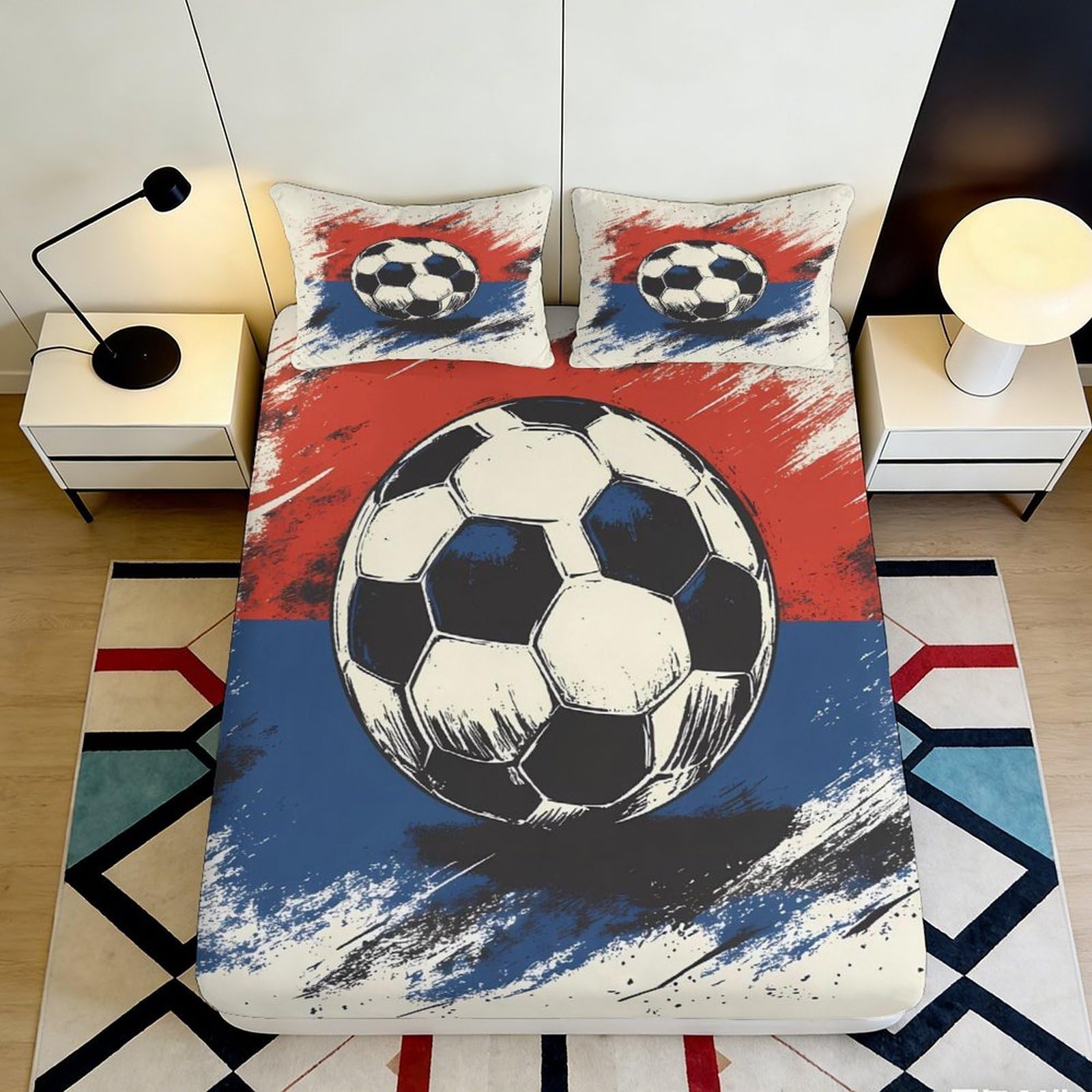 3D Printed Soccer Ball Fitted Sheet Microfiber Red Blue Artistic Bed Cover for Bedroom Dorm Mattress Protection 160x200x25cm
