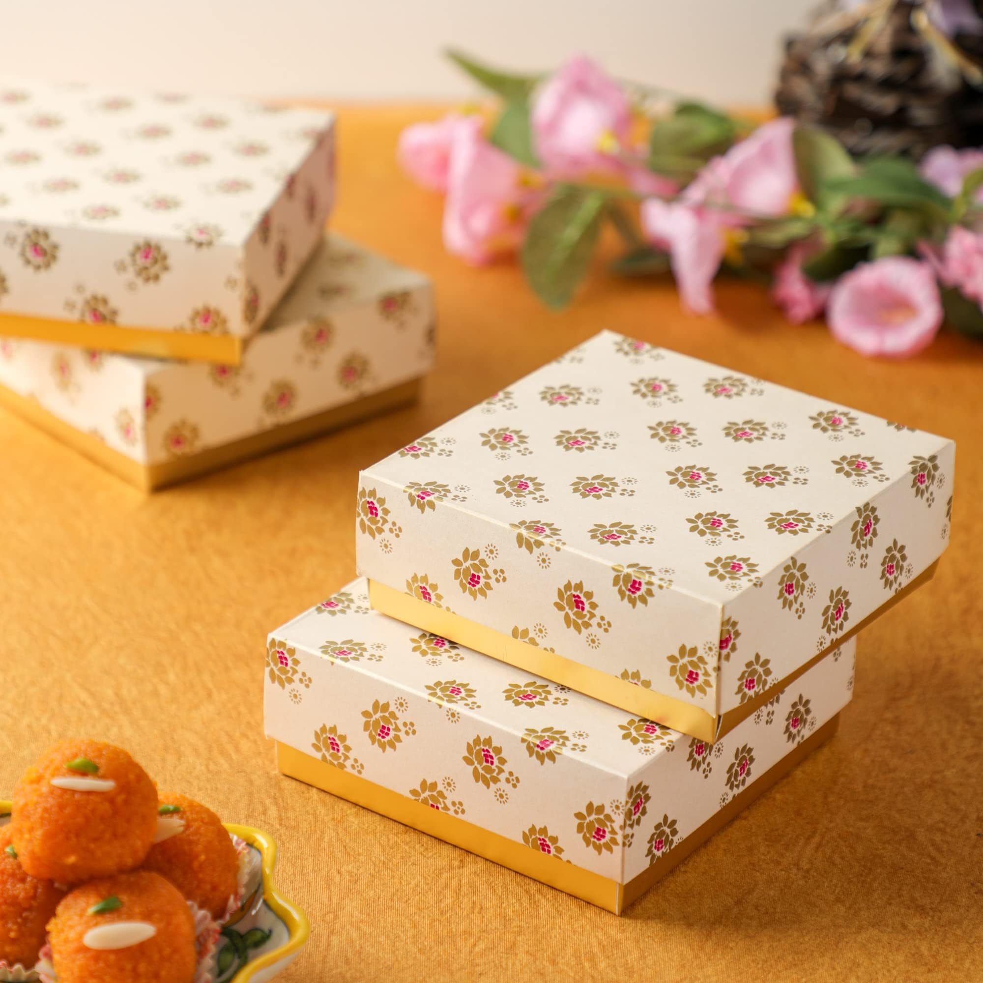 Desi Favors Floral Printed Sweet Boxes for Indian Sweets, Cookies, Goodies, Mithai, Candy, Gift Boxes with Lids Bulk, Handmade Bulk Mithai Box, Favor Boxes for Wedding, 2.95x5.51 Inch (Pack of 4)