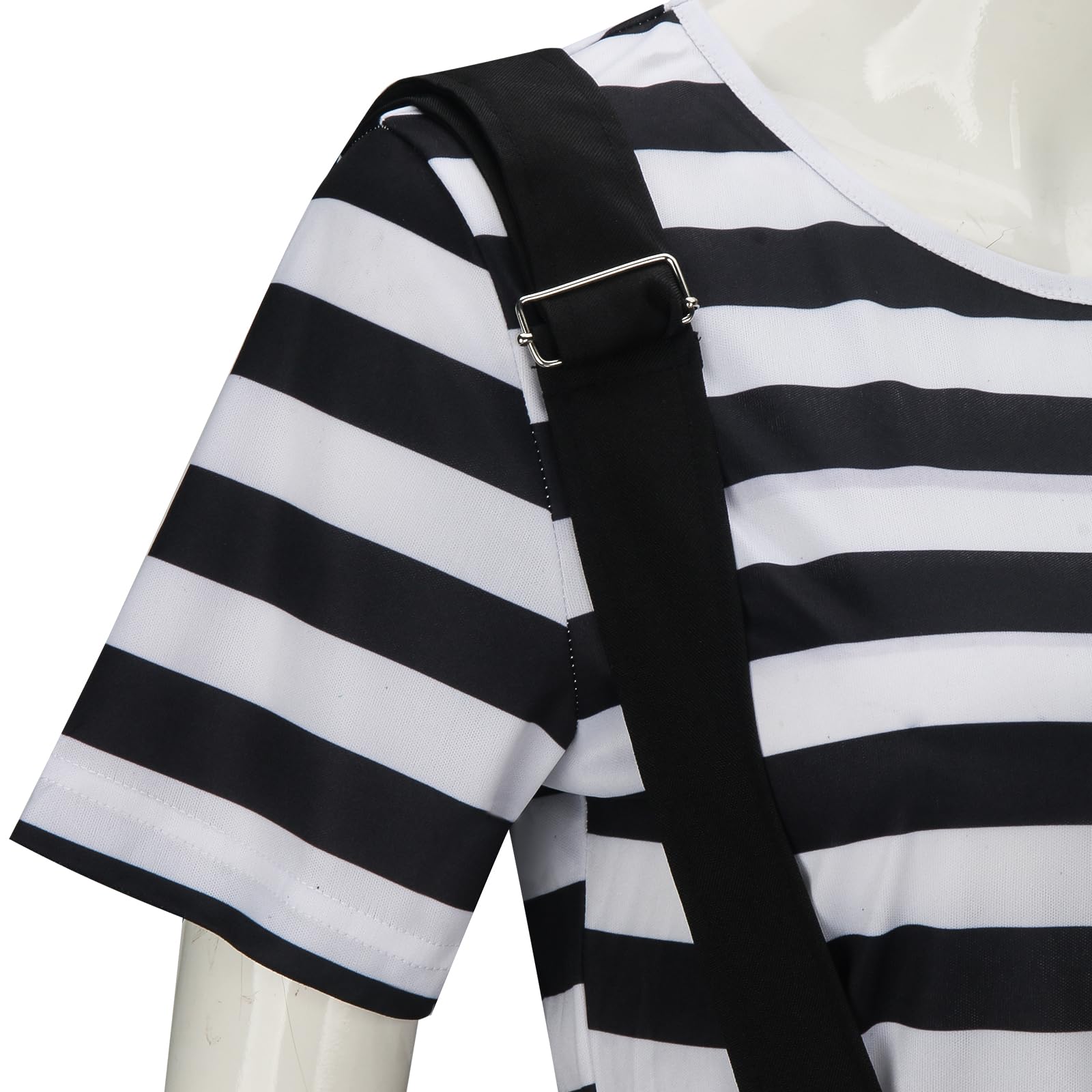 NUWIND Damen Pantomime Kostüm Französisch Klassisch Mime Spiel Set, schwarz-weiß gestreiftes Oberteil Rock Barett Strümpfe Handschuhe Künstler Zirkus Clown Karneval Halloween