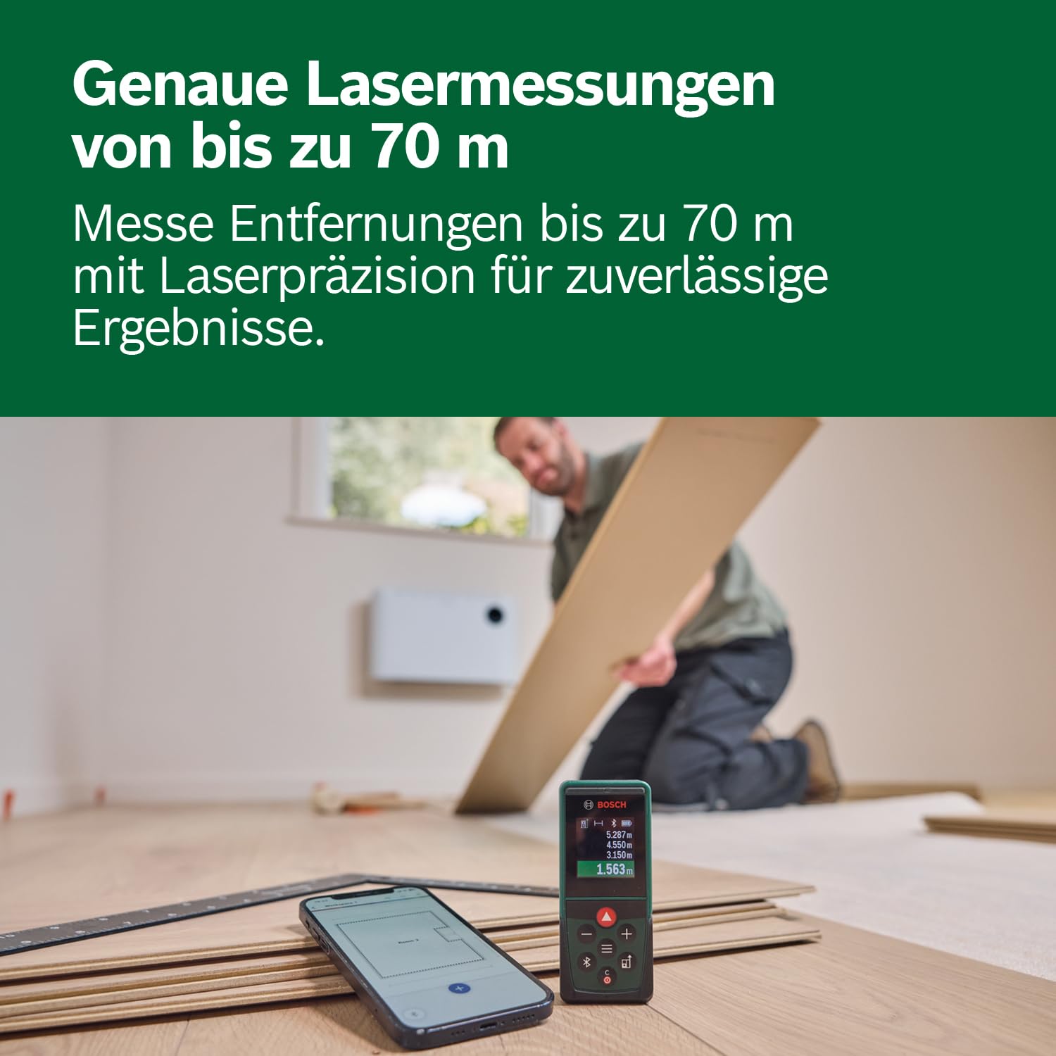 Bosch Laser-Entfernungsmesser PLM70-23C (Messbereich bis zu 70 m, Bluetooth-Konnektivität, Flächen- und Volumenberechnungen, hochwertiges Farbdisplay, kompatibel mit der Bosch MeasureOn App)
