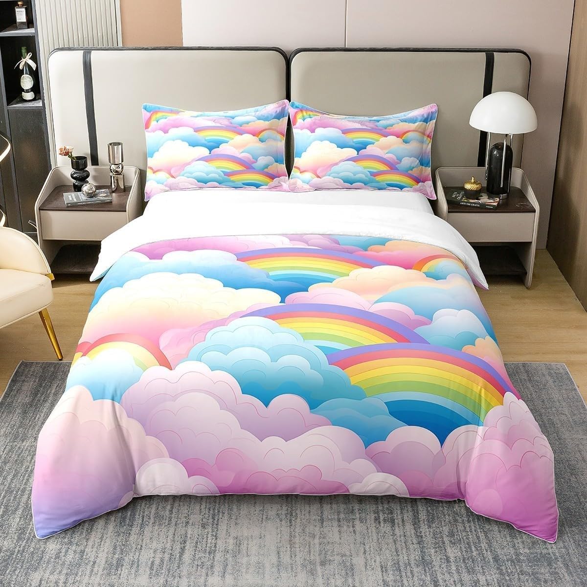 Housse de couette 220x240 arc-en-ciel et nuages avec 2 taies