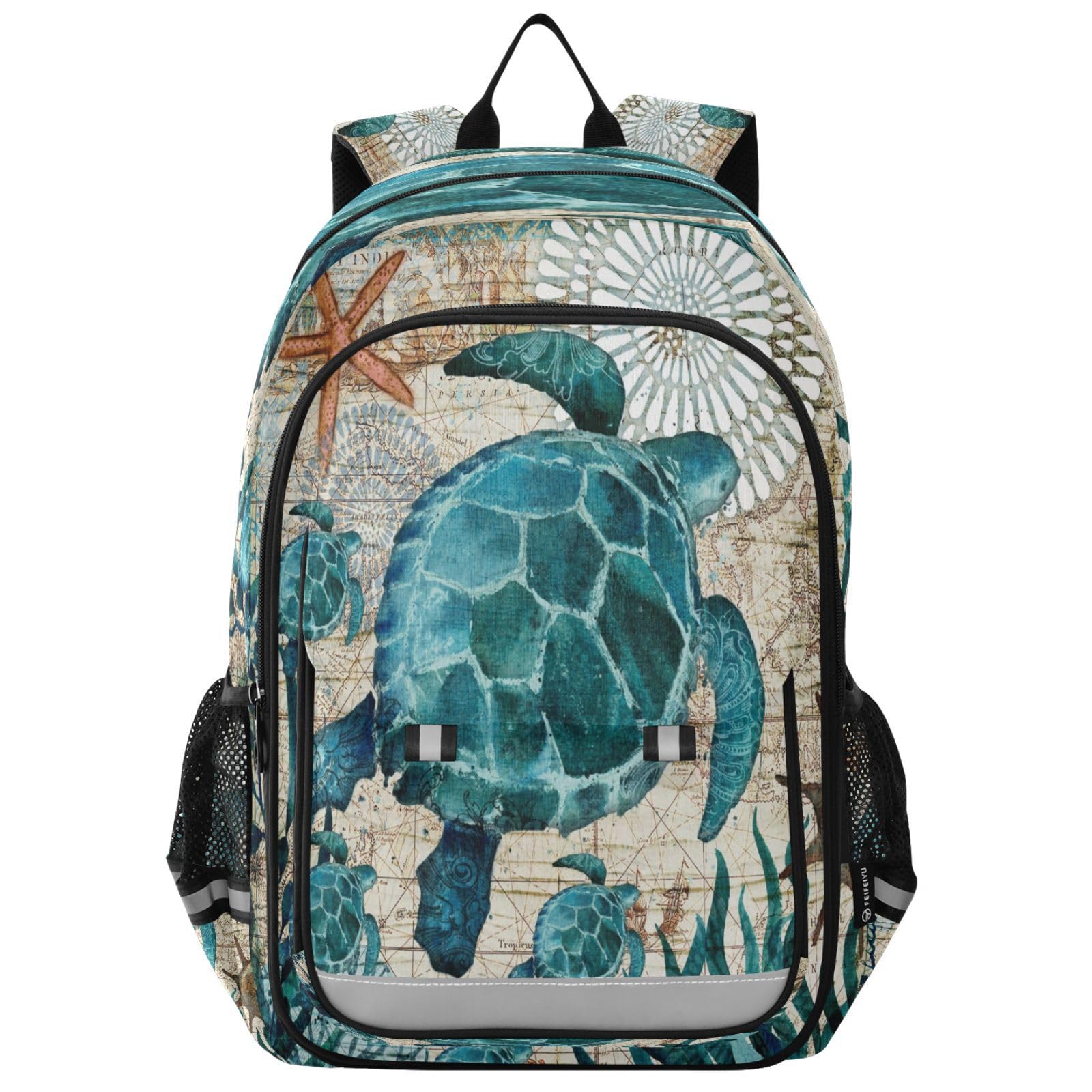 Ksajwzf Mochila vintage con diseño de tortuga y estrella de mar para niñas, niños, mujeres y hombres, mochila de día de coral oceánico, mochila escolar, mochila para laptop, mochila para escuela, viajes,