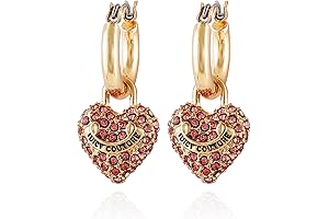 Goldtone Huggie Hoop Earrings with Pave Pink Rhinestone Heart Charm Dangle