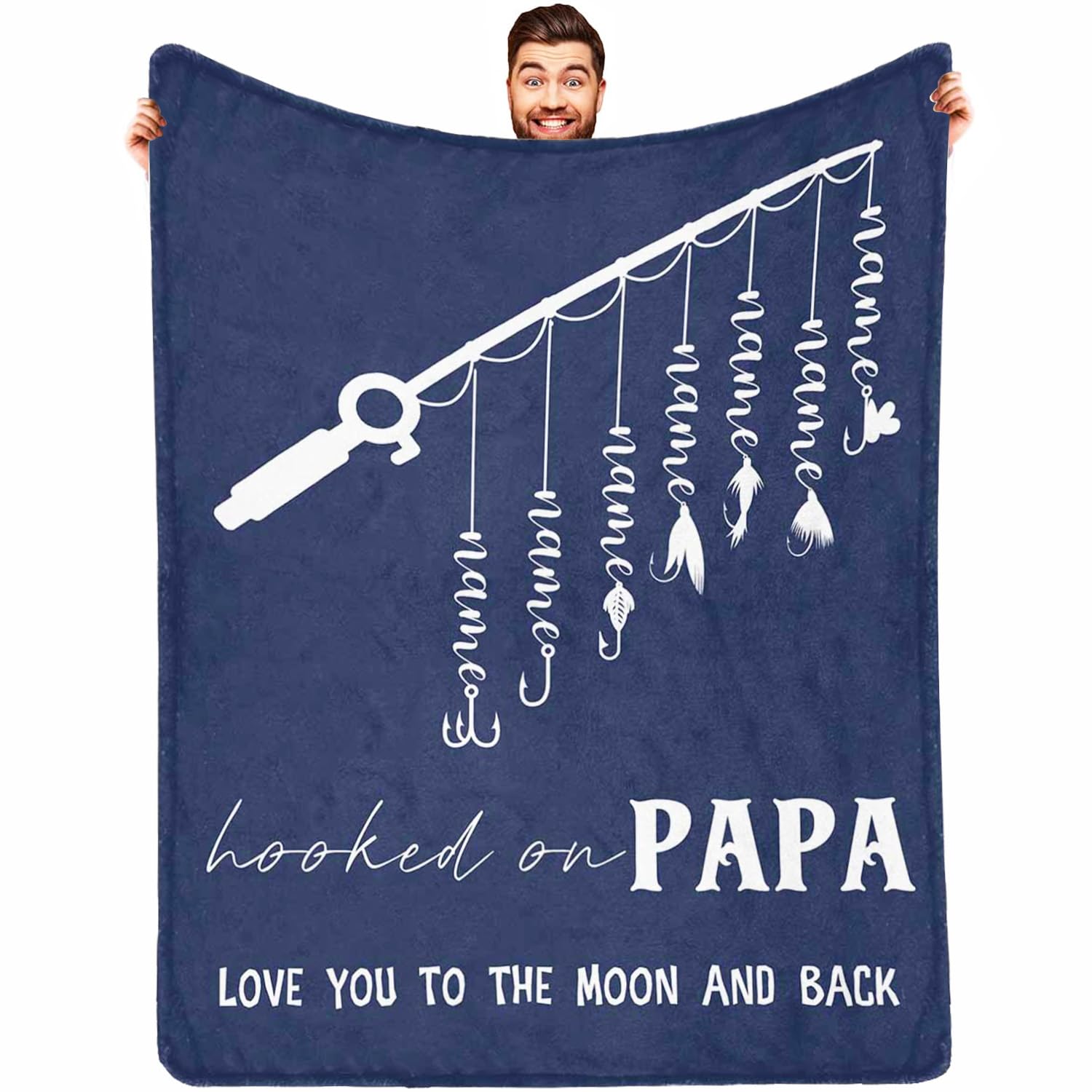 Generic Papa Blanket with Kids Name Personalized Soft Cozy Dad Blanket Fish-Hooks, Baby