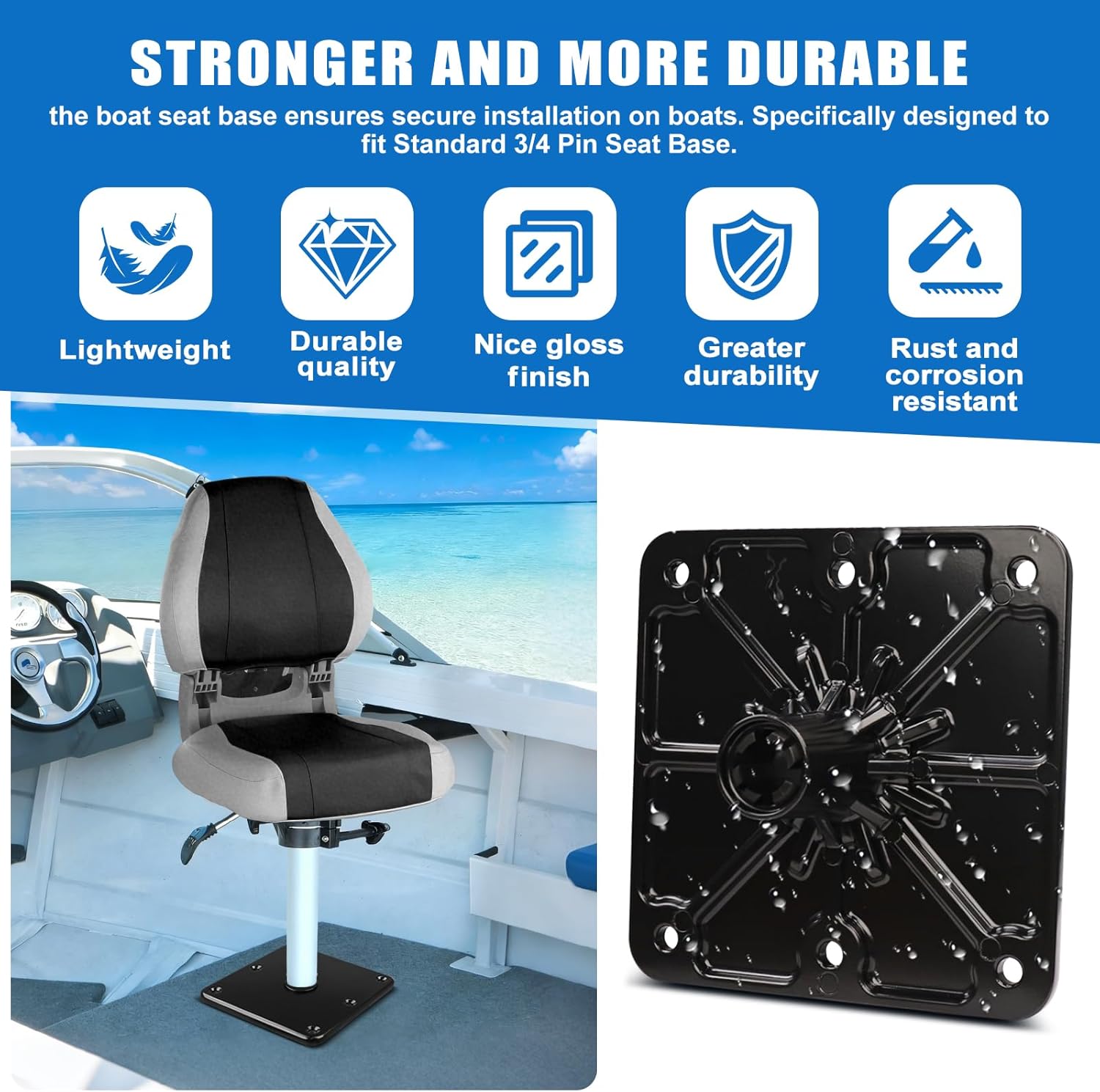 2PCS Boat Seat Base Mount, 7”x7”Aluminum Boat SeatPedestal Plate for 3/4" Pin Post Socket，Marine Base Pedestal Bracket for Most Marine Fishing Pontoon Bass,Black
