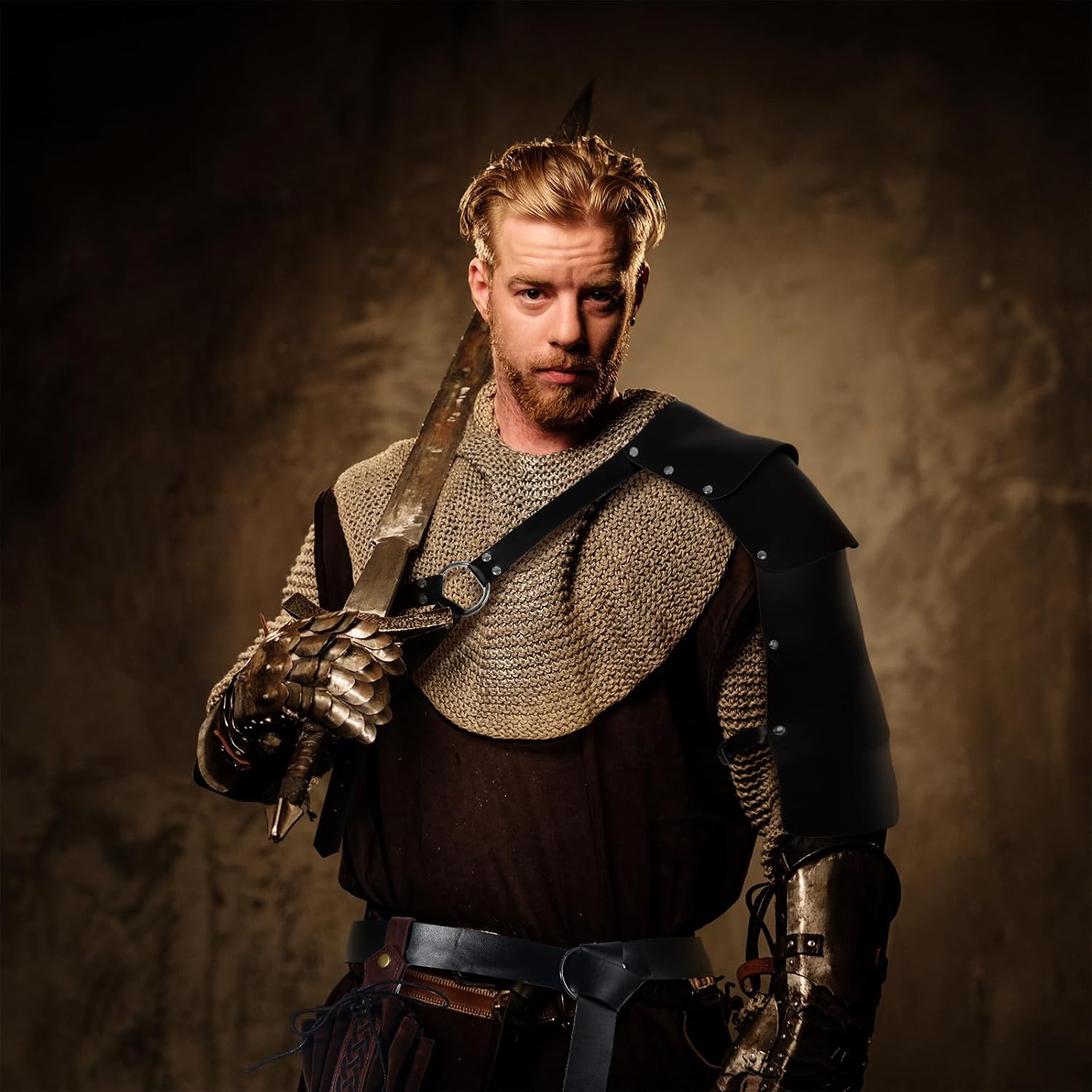 Ramede 8 Pcs Mens Renaissance Costume Medieval Knight Viking Armor Leather Half Shoulder Belt Shawl Cape Buckle Bracers Sword Frog Corset Belt Drawstring Bag for Halloween Cosplay Retro Accessories - Image 5