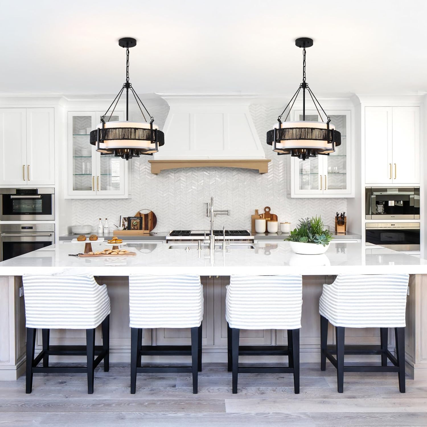18.7'' Farmhouse Rattan Chandelier,4-Light Farmhouse Boho Drum Chandeliers with Fabric Shade,Modern Black Chandelier for Dining Room, Living Room, Kitchen Island,Hallway,Foyer