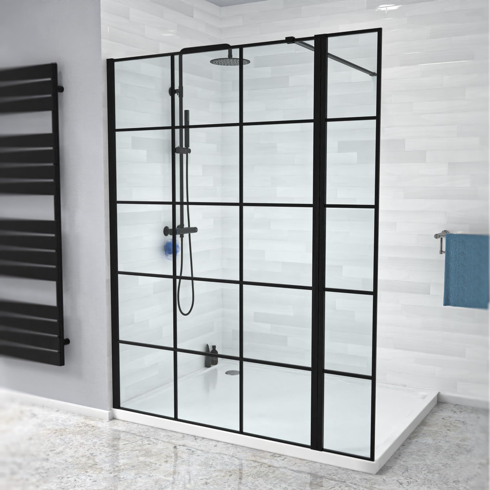 Nes Home Black Grid 1200Mm Shower Screen 8Mm Tempered Glass & 300Mm Return Panel