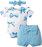 Asmea 3-6 Month Girl Clothes Winter Baby Girl Outfits 3-6 Months Blue Babys Outfits Cute Baby Girls Clothes Infant Clothing Essentials Gifts Romper Pants Bow Headband Set - 1