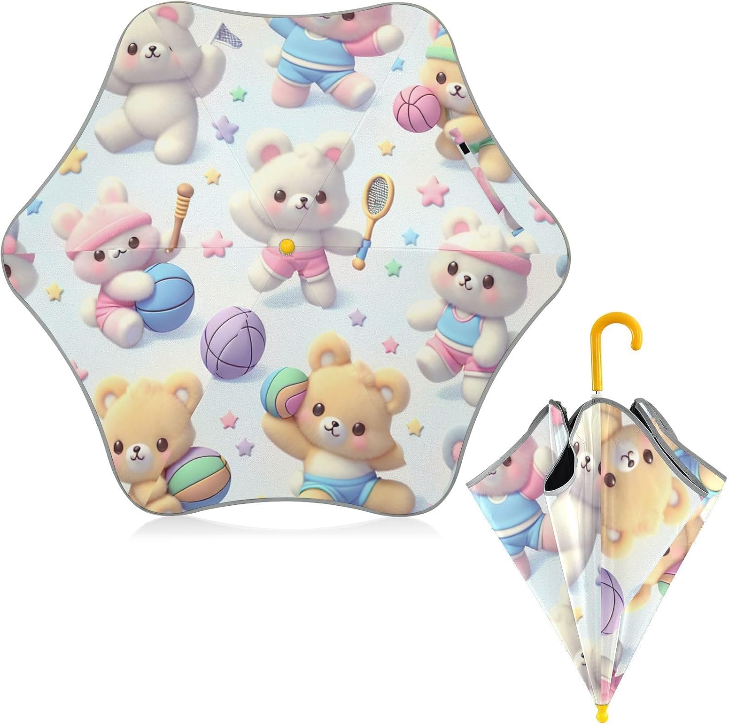 ODAWA Kid Umbrellas Cute Bears Pastel Windproof Compact Stick Umbrellas for Rain, Sun Umbrellas for Walking