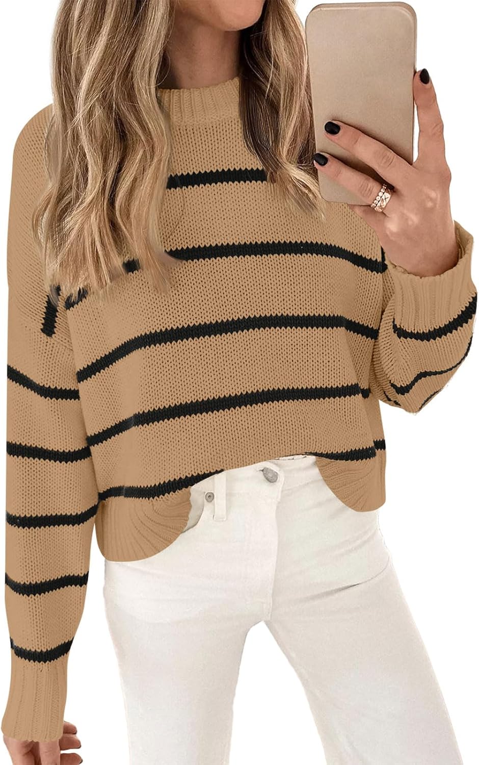 LILLUSORY Womens Cropped Striped Sweater Casual Pullover Ribbed Knit Cute Crewneck Sweaters