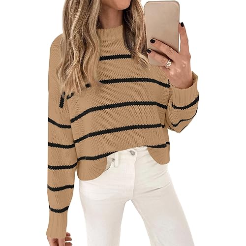 LILLUSORY Womens Striped Sweater Pullover Crewneck Knit Long Sleeve Cable Knitted Sweaters