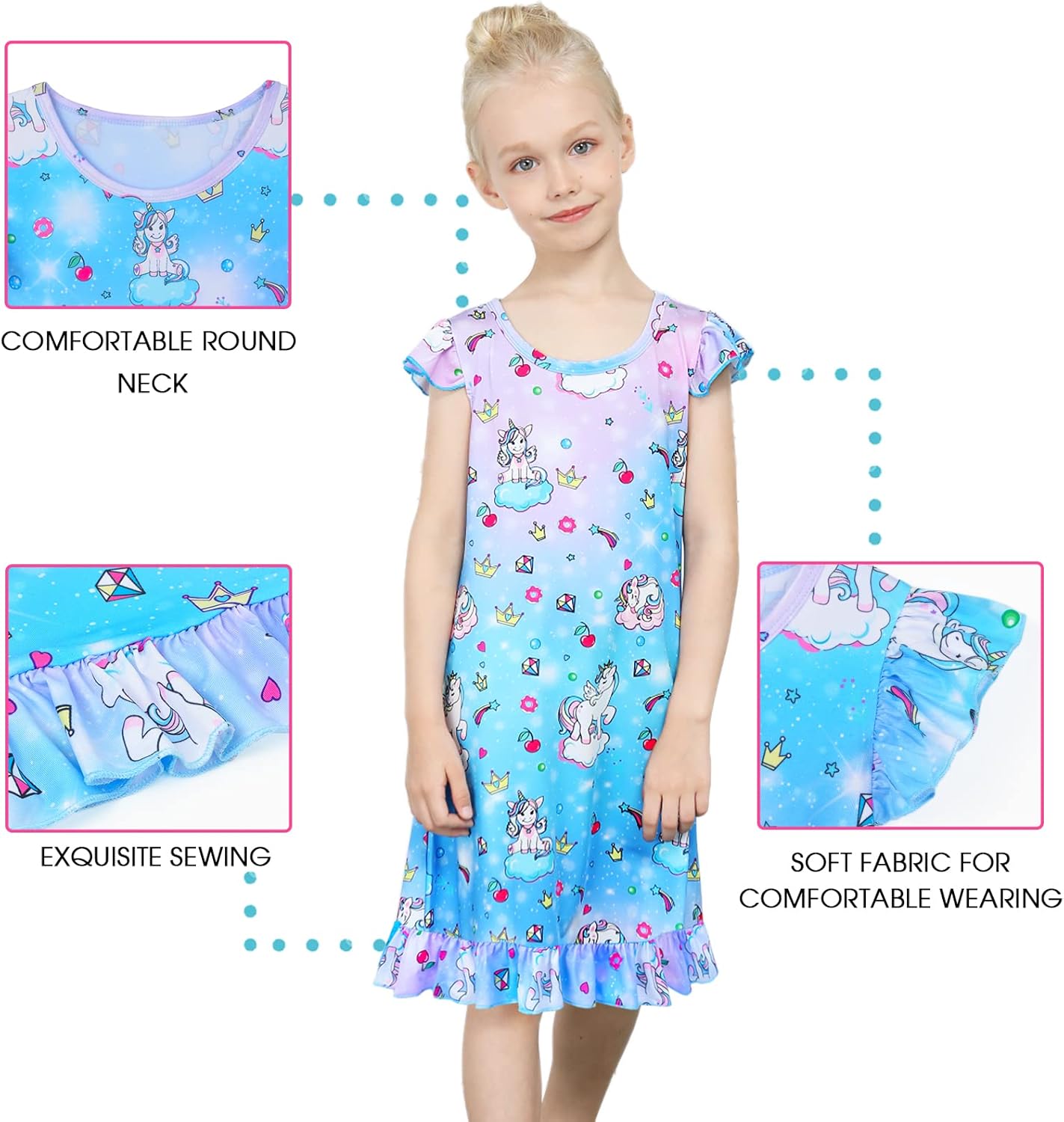 Sylfairy 2pcs Girls Nightgowns, Unicorn Nightgown Princess Pajama Dresses for Girls Sleepwear Nightie - Image 5