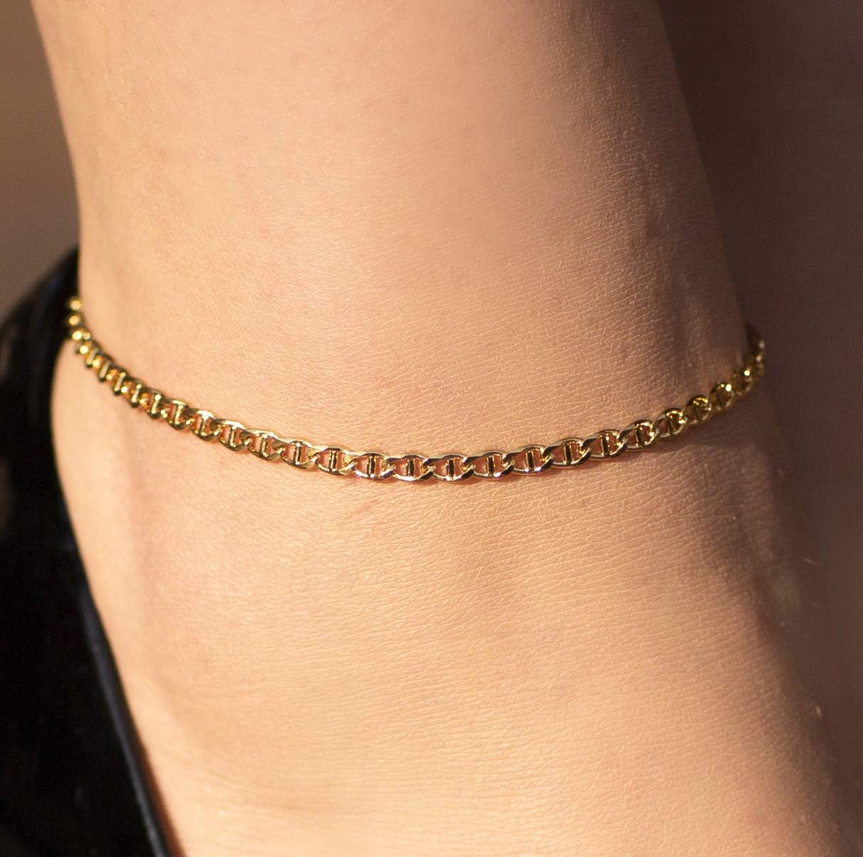 LIFETIME JEWELRY Womens Gold Anklet 3mm Mariner Link Chain Ankle Bracelet 24k Gold Plated