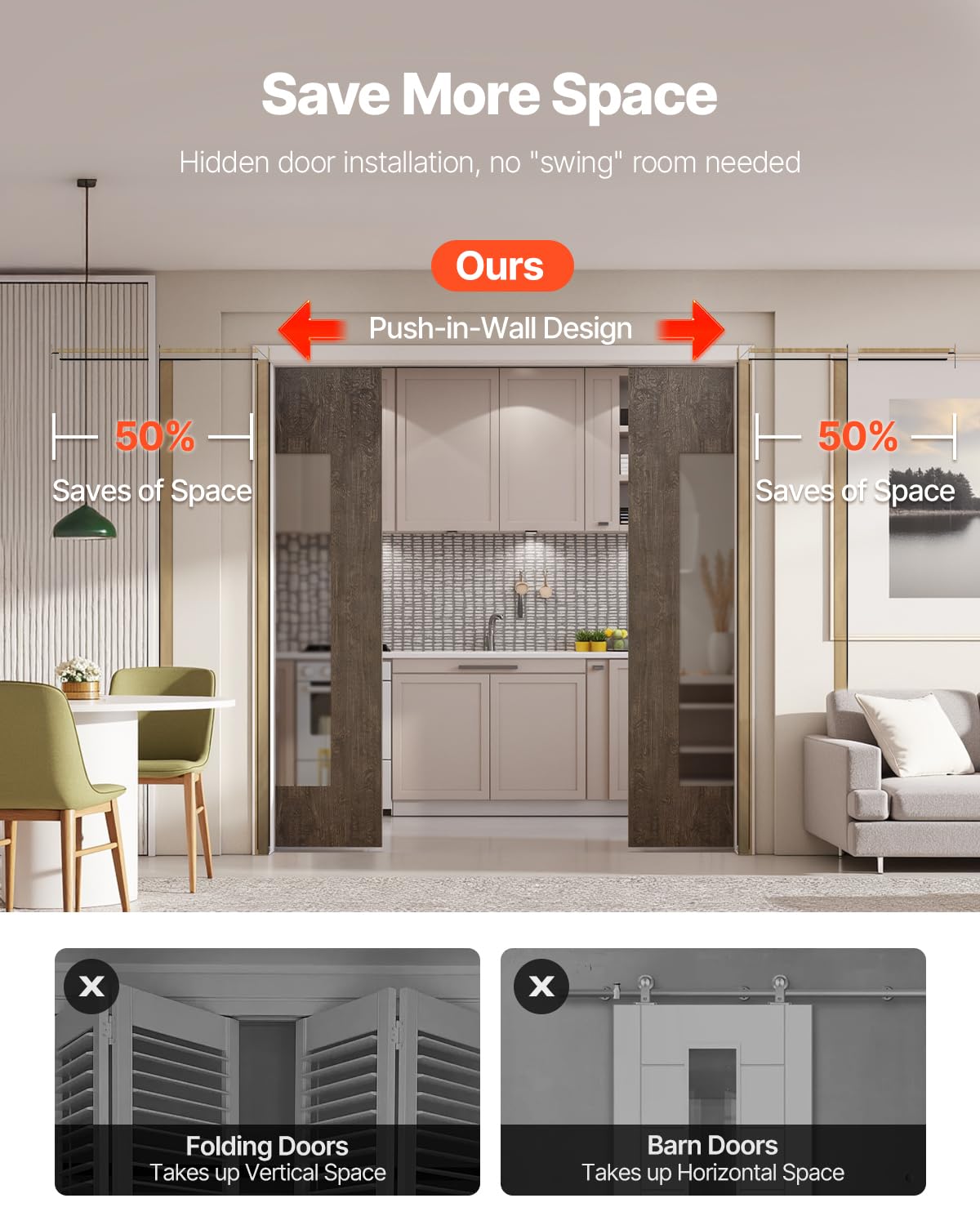 VEVOR Kit de Marco para Puerta Corrediza de Madera y Acero Galvanizado para Puertas de 1219-1829 mm de Ancho y 2032 mm de Alto con Mecanismo de Cierre suave Bidireccional para Sala de Estar, Oficina