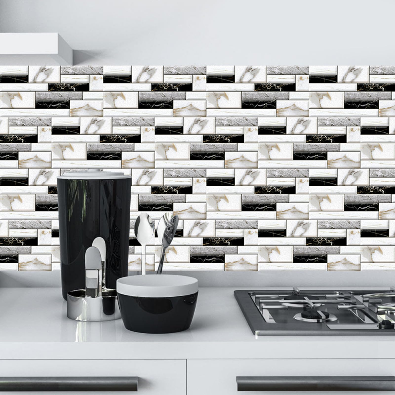 Adesivi per Piastrelle Effetto Marmo Bianco e Nero, autoadesivi, in PVC, Resistenti, Rimovibili, per Bagno, Pavimento, Cucina, Parete, Impermeabili, antiolio, 15x30 cm/30 Pezzi