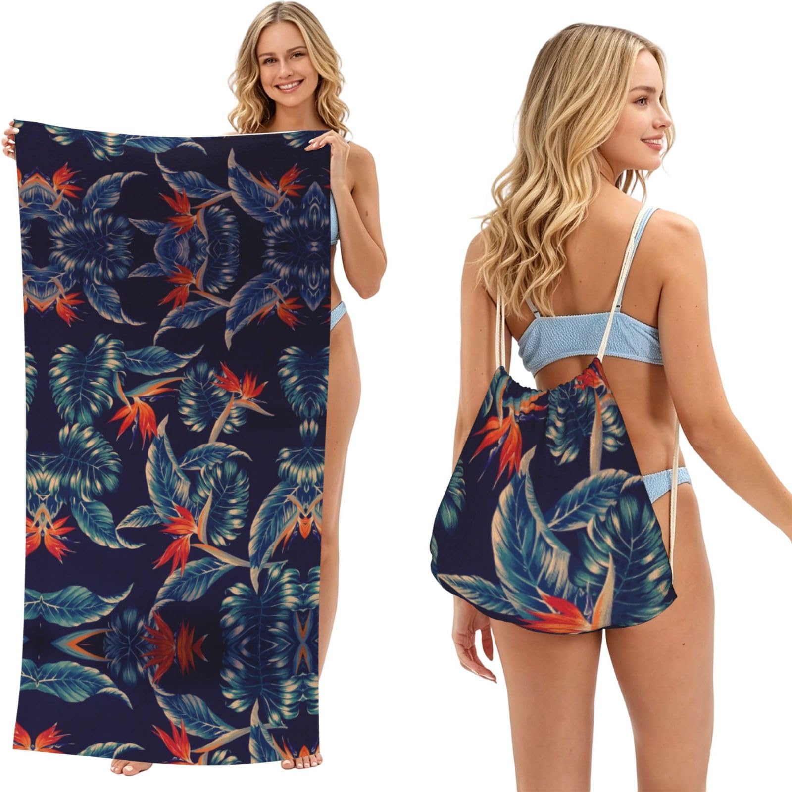 ESNAIUVCD Hawaii Tropical Flower Print Beach Towel For Adults,Towel With Drawstring Bag, Travel Pool Swimming Sports Shower Sand Free Quick Dry Bath Towel For Pool, Beach, Yoga- 180x60cm