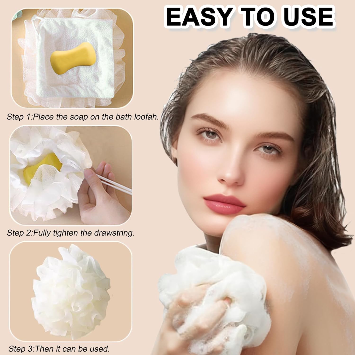 3 Pieces Loofah Washcloth for Bar Soap, Combo 2-in-1 Exfoliating Shower Pouf with Bar Soap Loofah Pouch for Body Wash Pink Beige Blue - Image 3