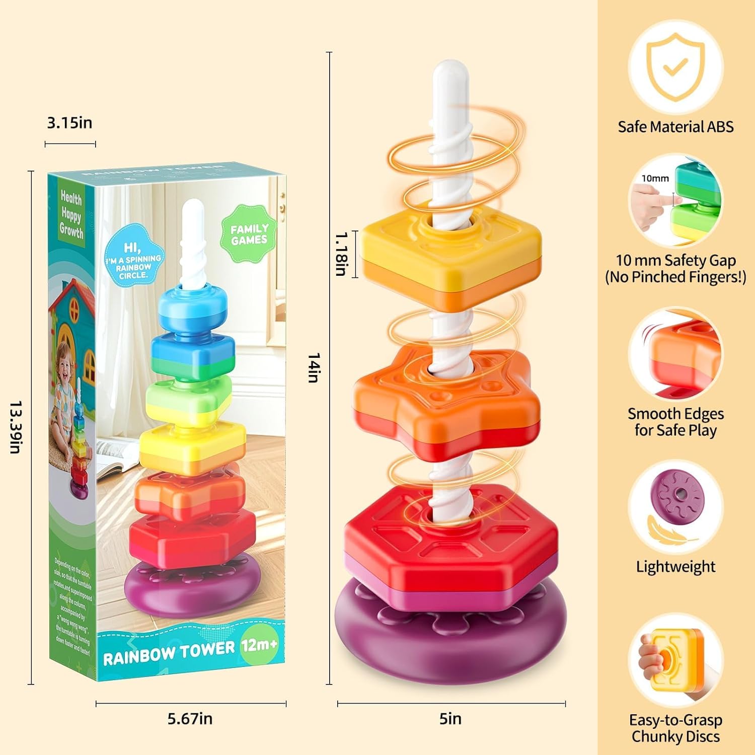Baby Spinning Stacking Toys for Toddlers 1-3, Sensory Montessori Toys for One Year Old Girl Boy, Rainbow Ring Stacker Tower, Educational Learning Toy, Perfect Christmas Birthday Gifts