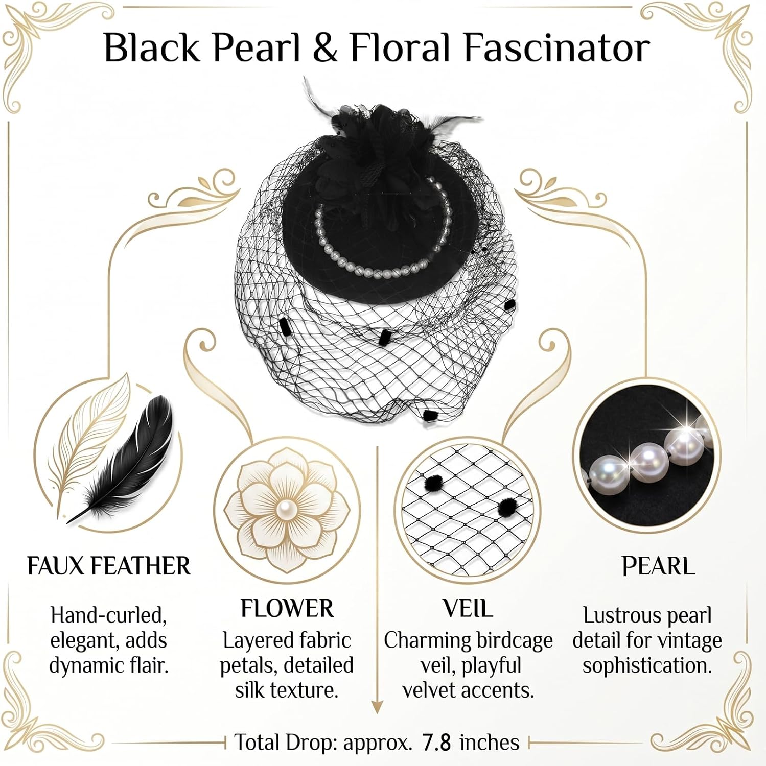 Vegove 50s Fascinators Derby Veil Hat for Women Tea Party, Funeral Pillbox Clip Headpiece Cocktail Accessories